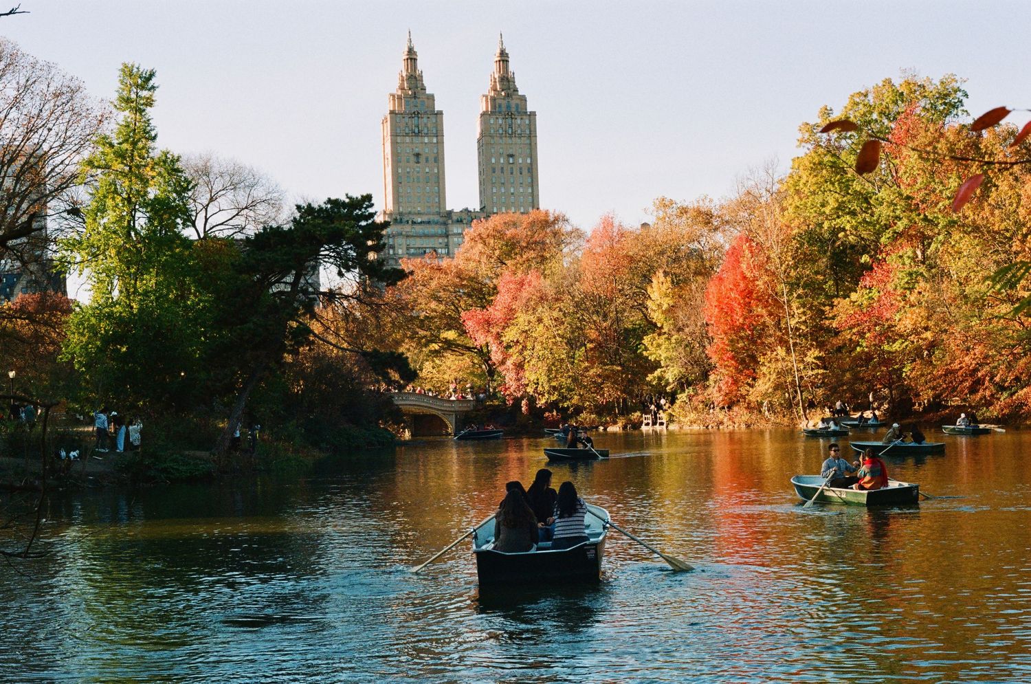 Couples rowing boats on a serene Central Park lake surrounded by vibrant autumn foliage with the San Remo towers in background.