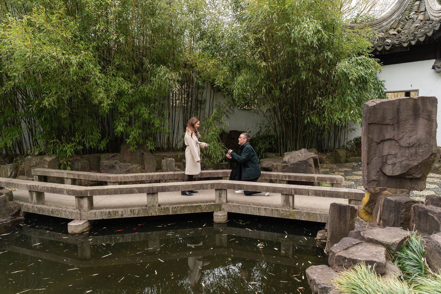 Man proposing on one knee to woman on stone bridge surrounded by bamboo in serene Chinese garden.