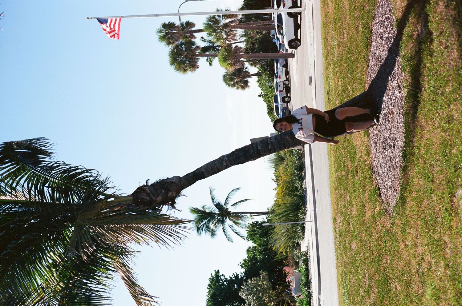 Person standing near a leaning palm tree with an American flag on a flagpole in a sunny tropical park.