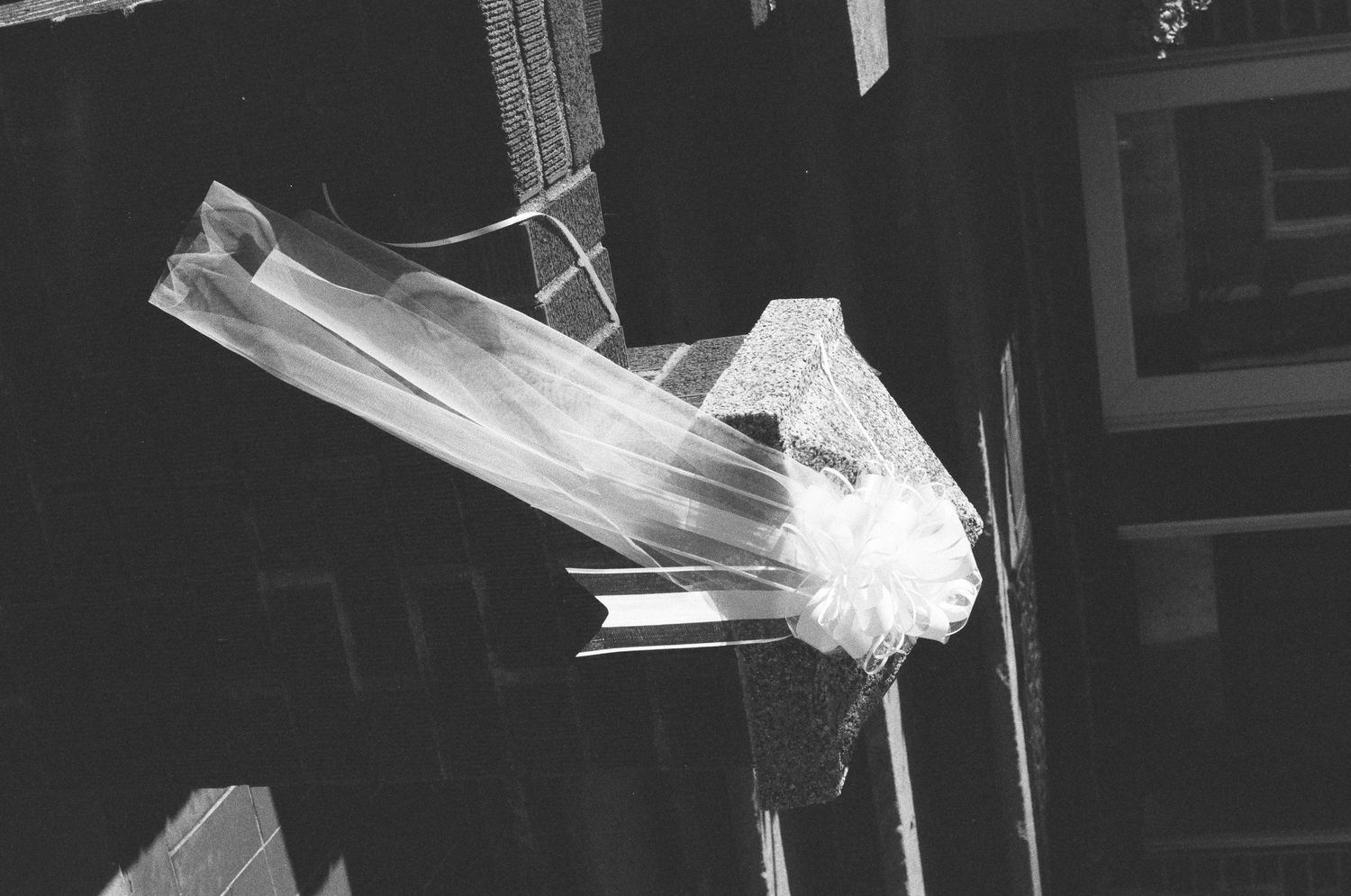 Black and white photo of a delicate bridal veil with floral detail against dark background.