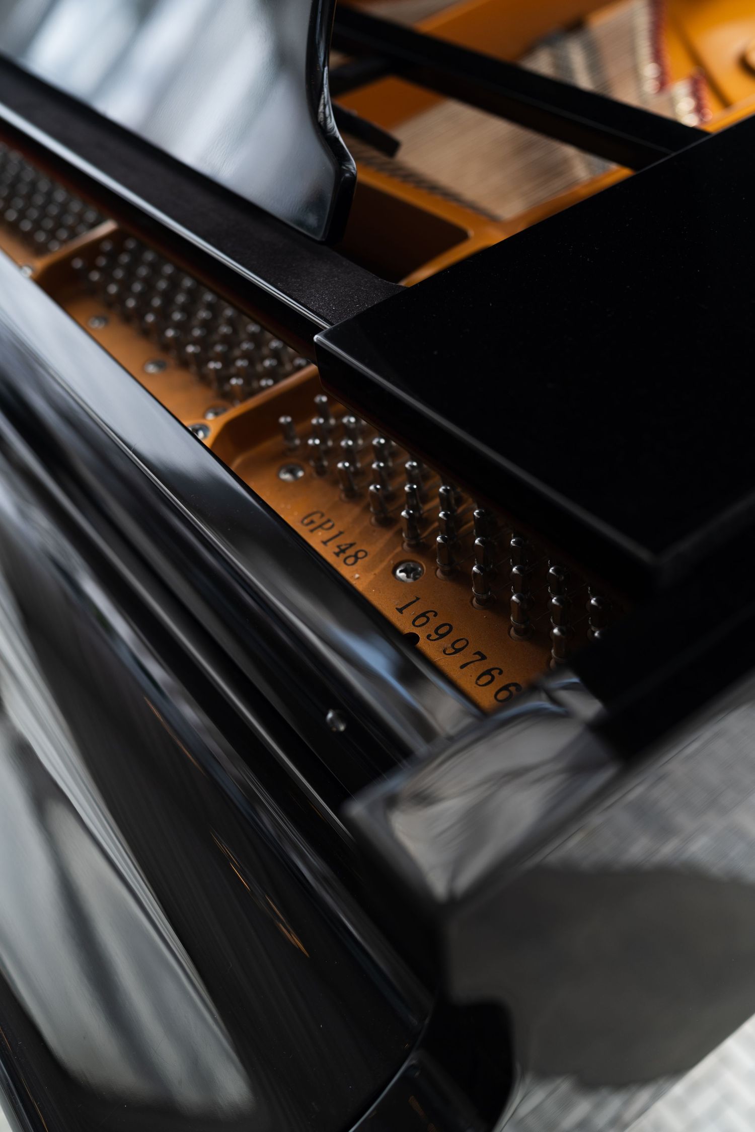 Interior view of a black grand piano showing tuning pins and serial number plate in golden wood.