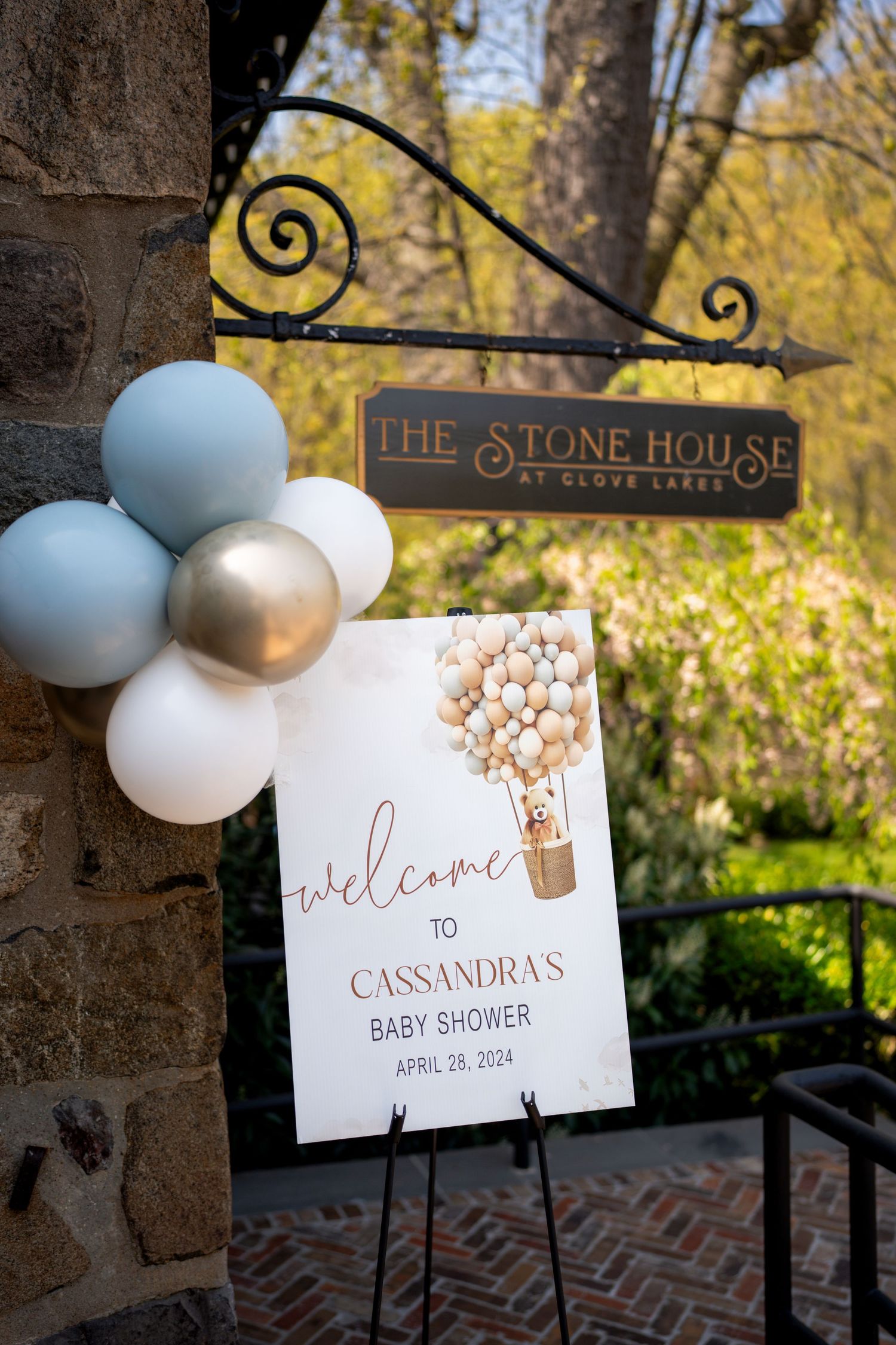 Welcome sign for Cassandras baby shower at The Stone House at Glove Lakes, April 28 2024.