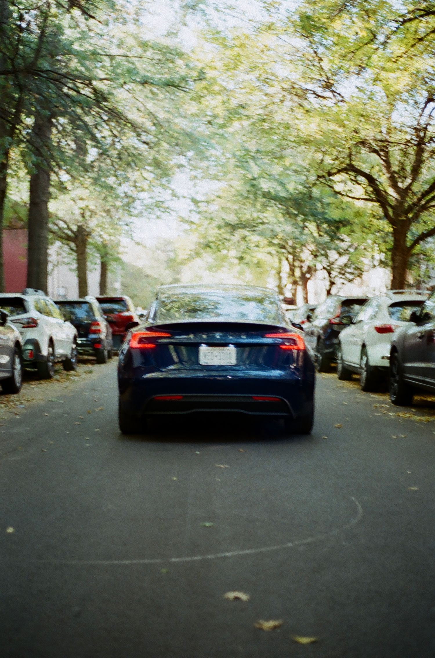 Blue Tesla sedan driving down a tree-lined residential street in autumn.