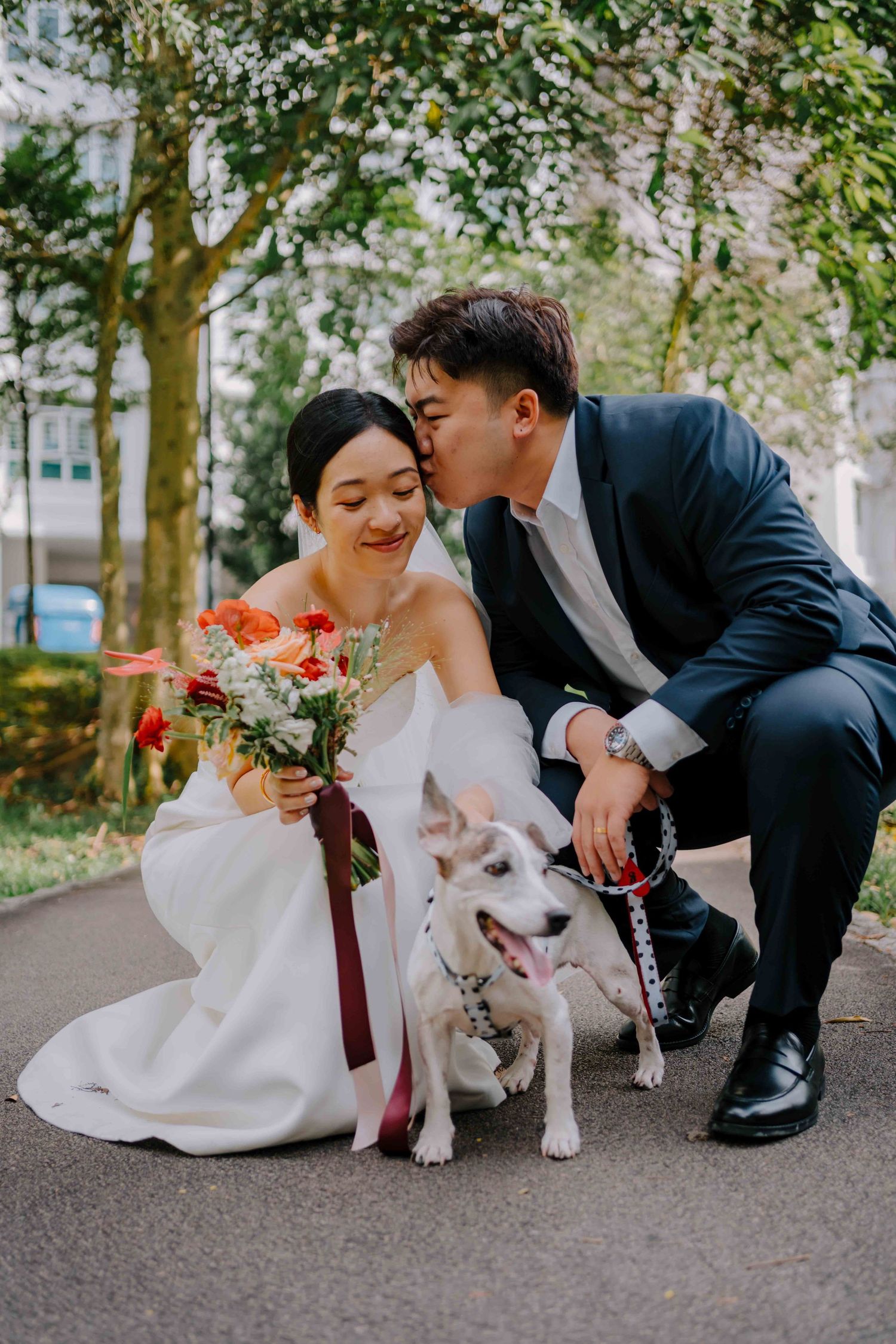 portrait of bride and groom with their pet dog