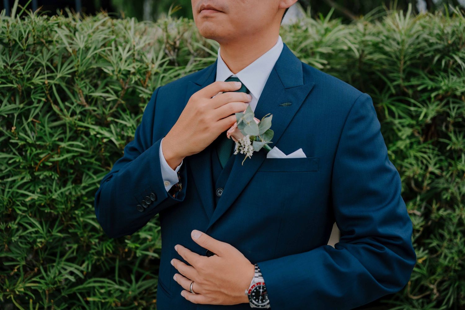 suit details at one farrer hotel wedding