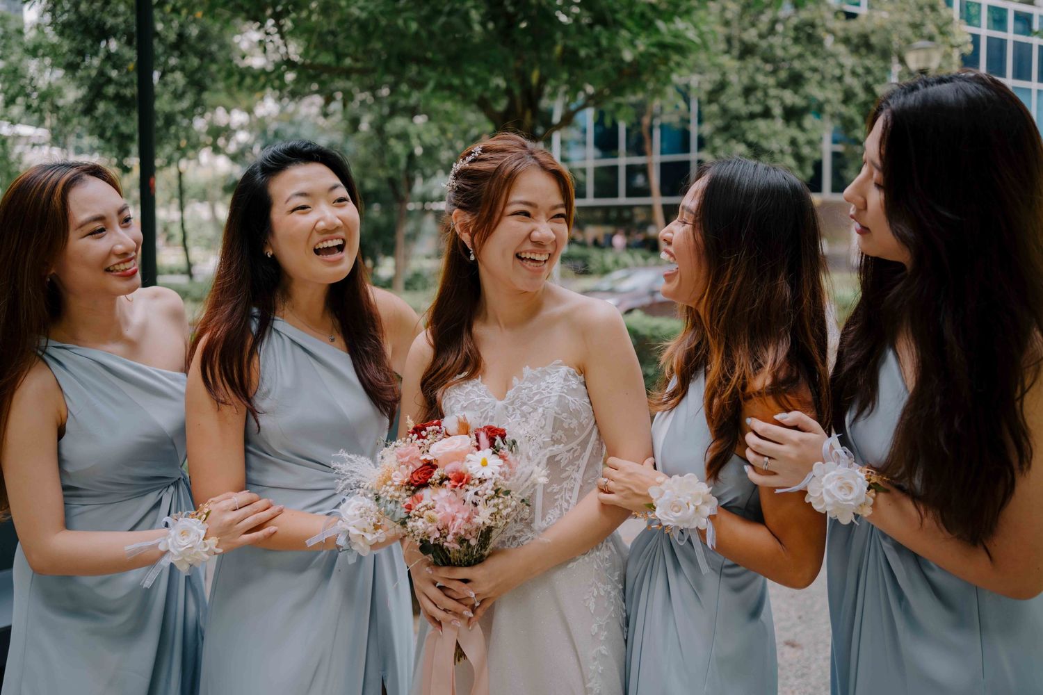 bride and bridesmaids on wedding day