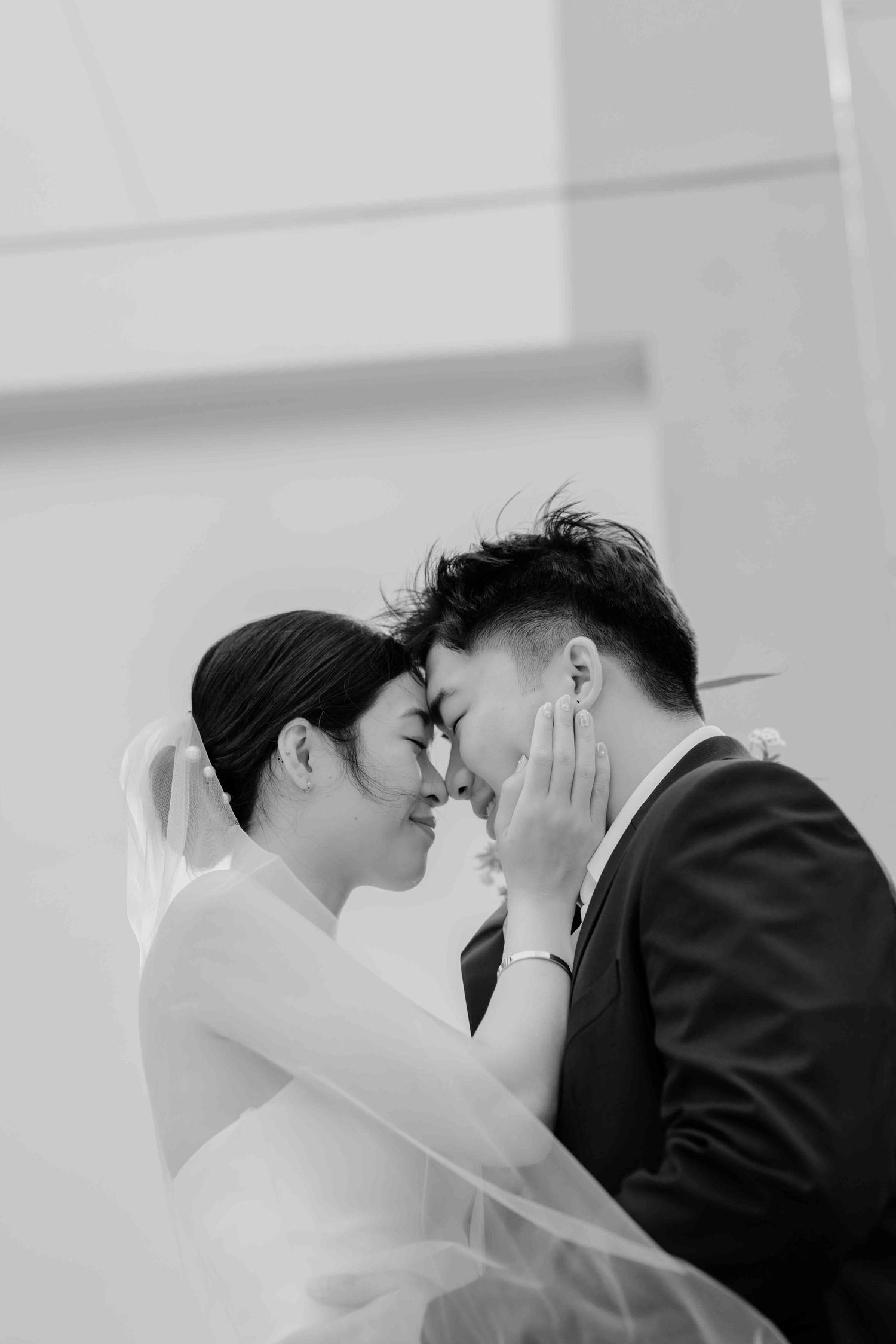 black and white photo of bride and groom