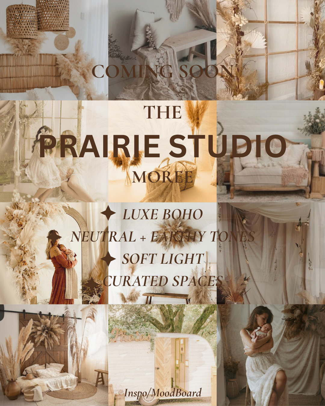 A collage of warm neutral boho interior design images featuring soft lighting, dried flowers and curated home decor spaces.