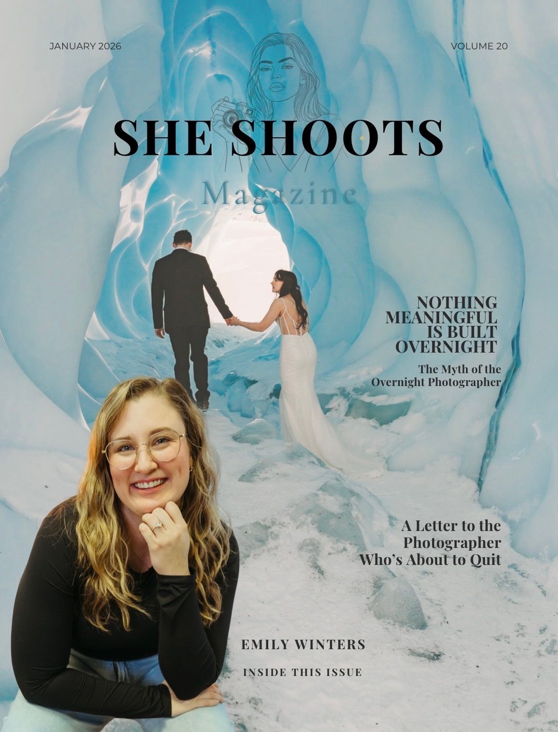 Magazine cover for 'She Shoots' featuring a blue ethereal design with silhouettes of a couple and editorial headlines.