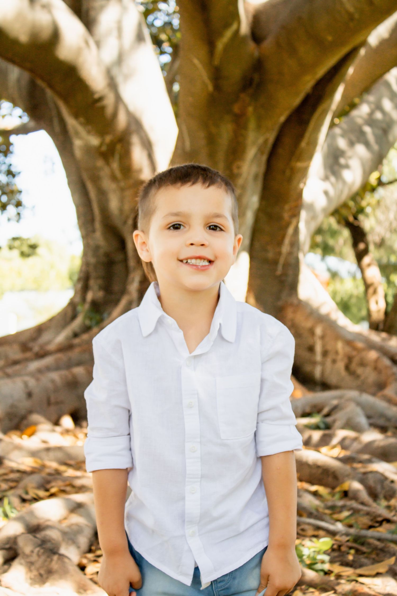 A young child in a white button-down shirt stands smiling in front of a large tree trunk on a sunny day.