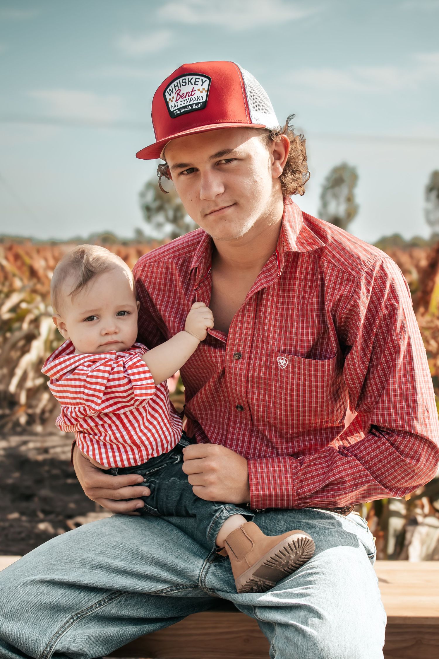 A collection of candid moments captured on a wooden bench surrounded by golden sorghum stalks.