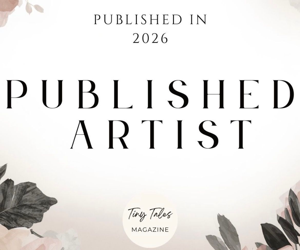 Tiny Tales Magazine Published Artist 2026 announcement graphic with floral accents on cream background.