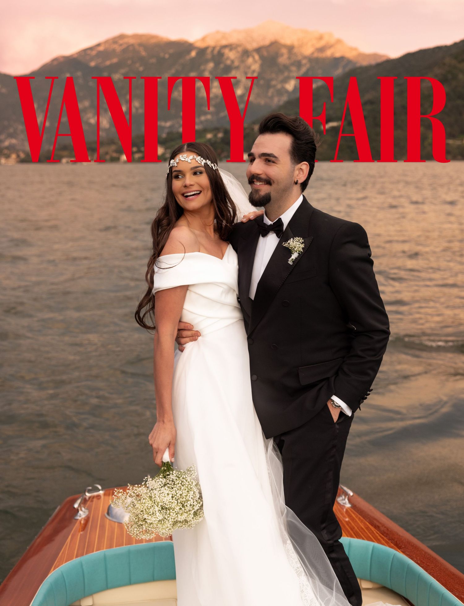 Wedding photo series on wooden boat against mountain backdrop at sunset.
Featured on Vanity Fair