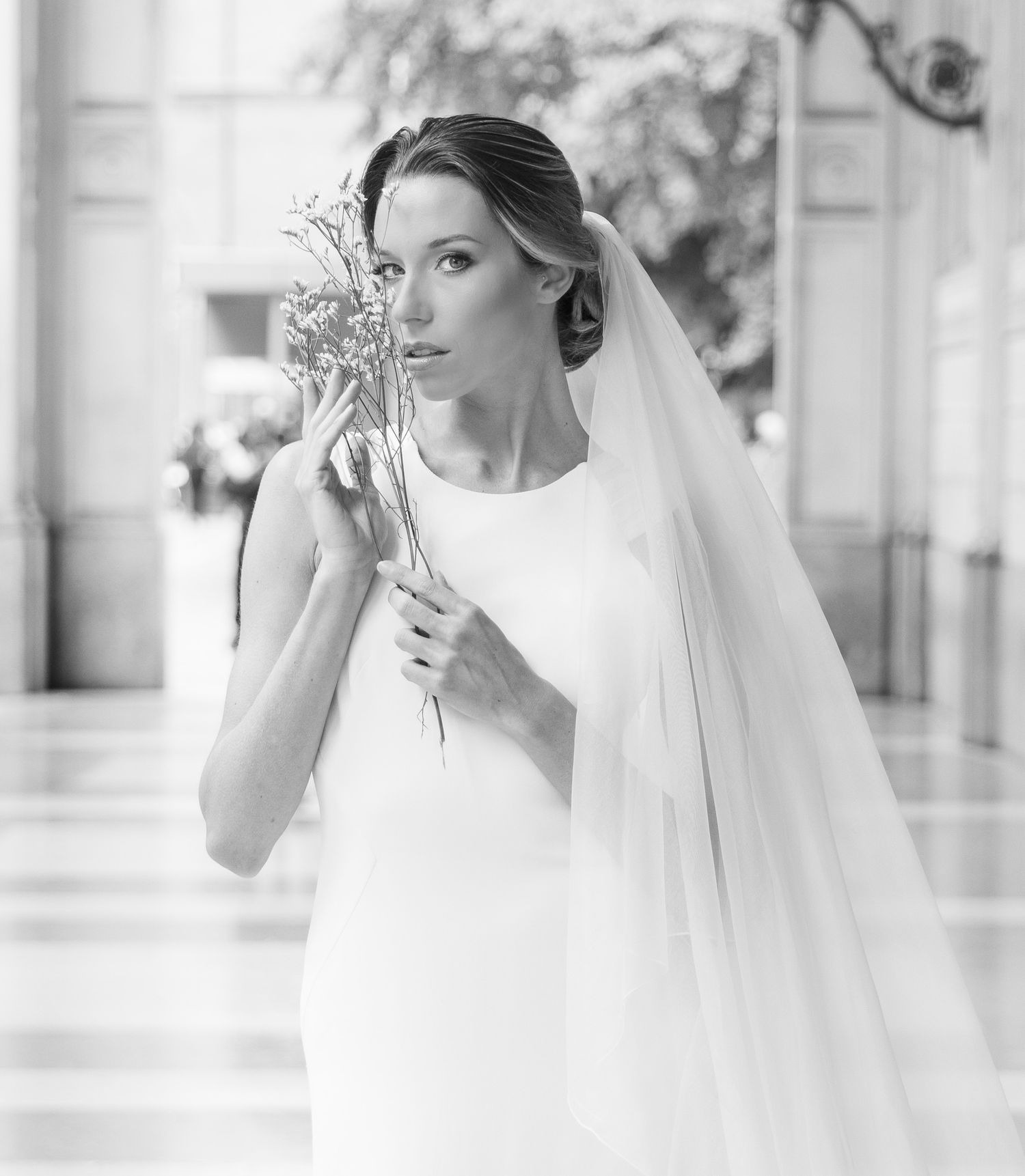 Series of artistic bridal portraits in white dress against bright interior background.