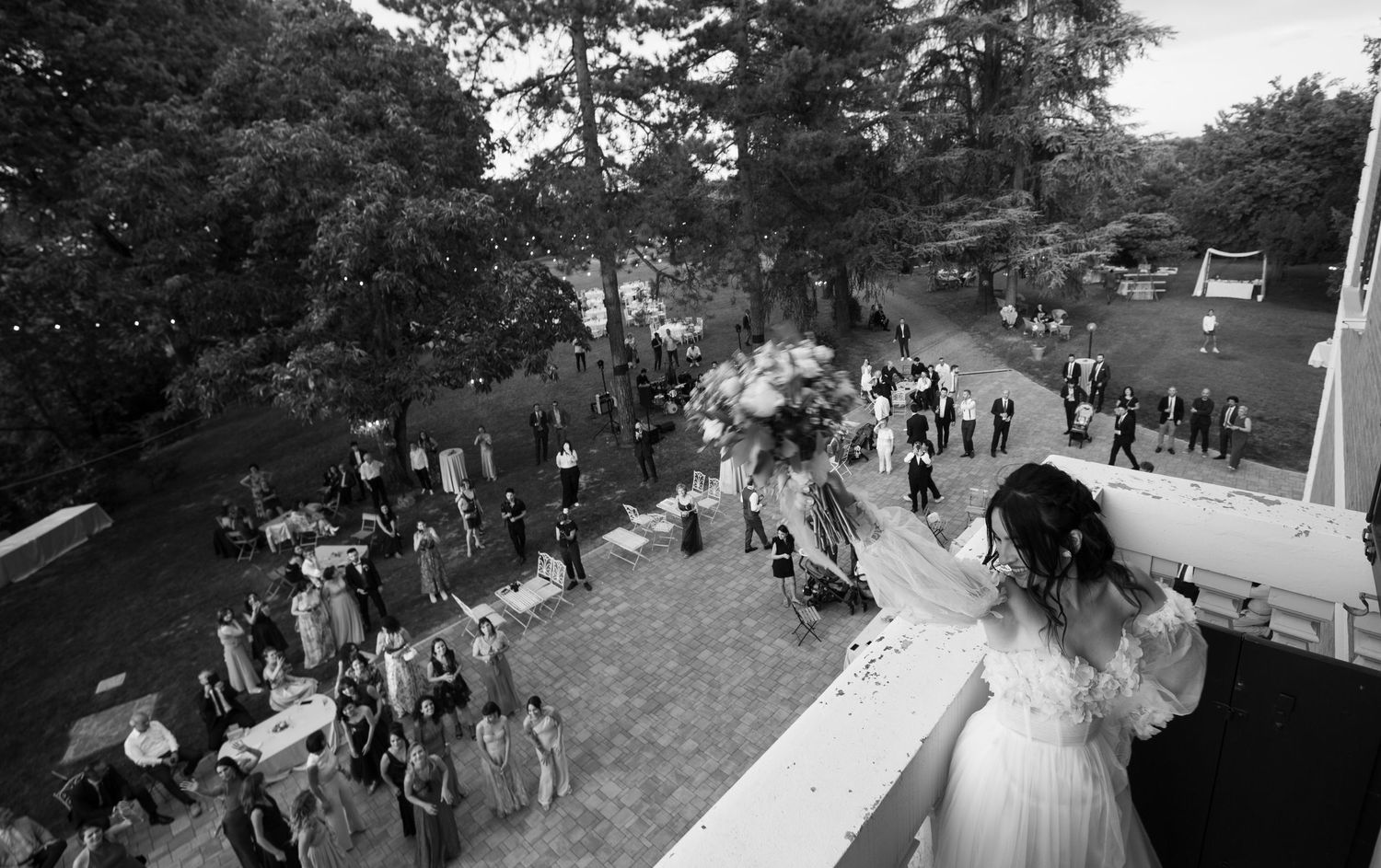 Wedding guests gathered outdoors on a tree-lined path during a celebration.