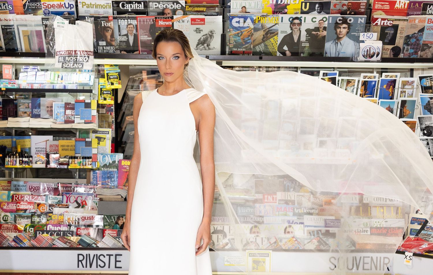 Wide angle view of bridal photoshoot in a modern convenience store.