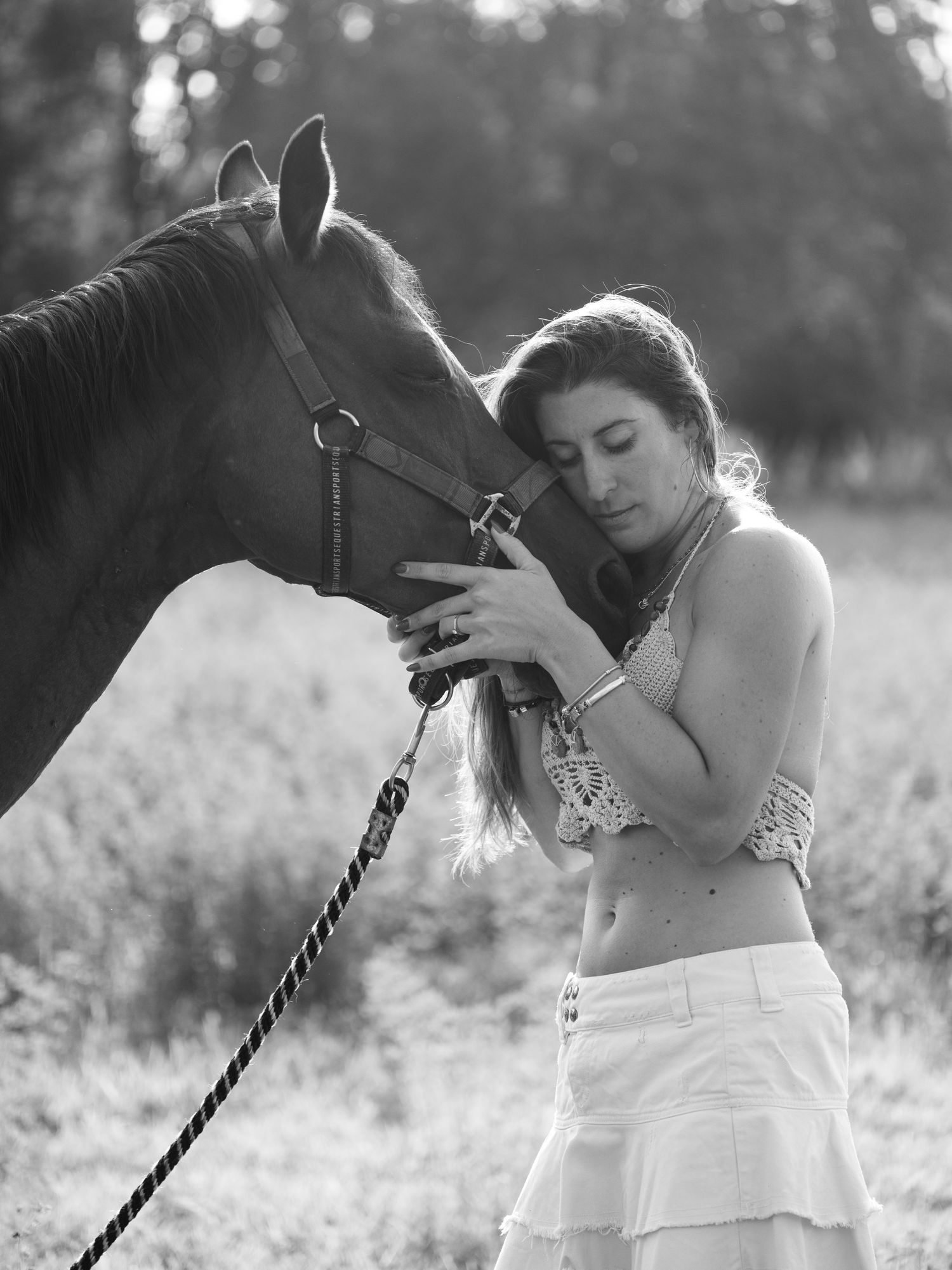 Black and white portrait of a tender moment between a horse and companion in a summer field.