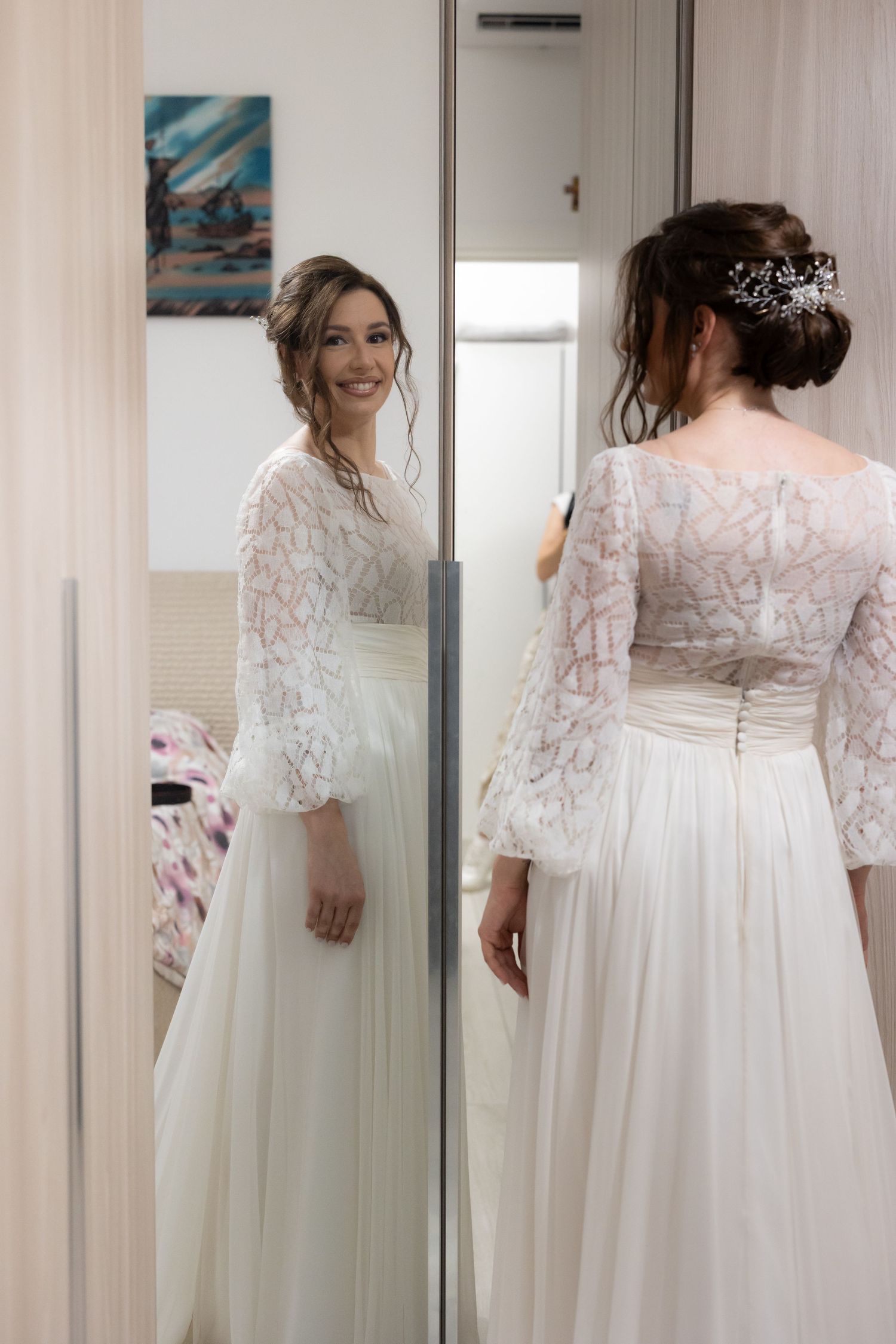 Elegant white lace wedding dress with three-quarter length sleeves shown in multiple angles.