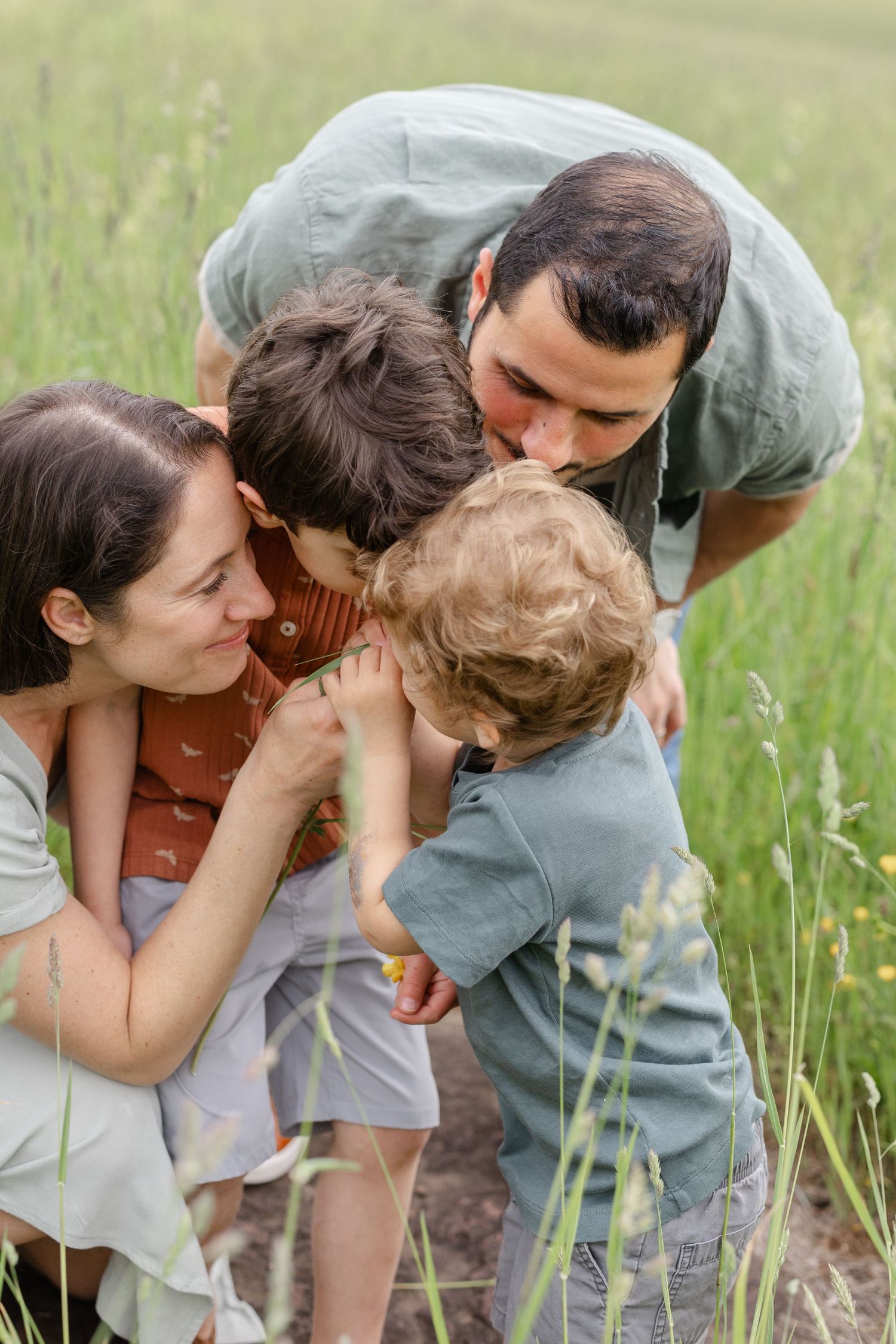Four people share tender moments outdoors in a sunny meadow filled with tall grass and wildflowers.