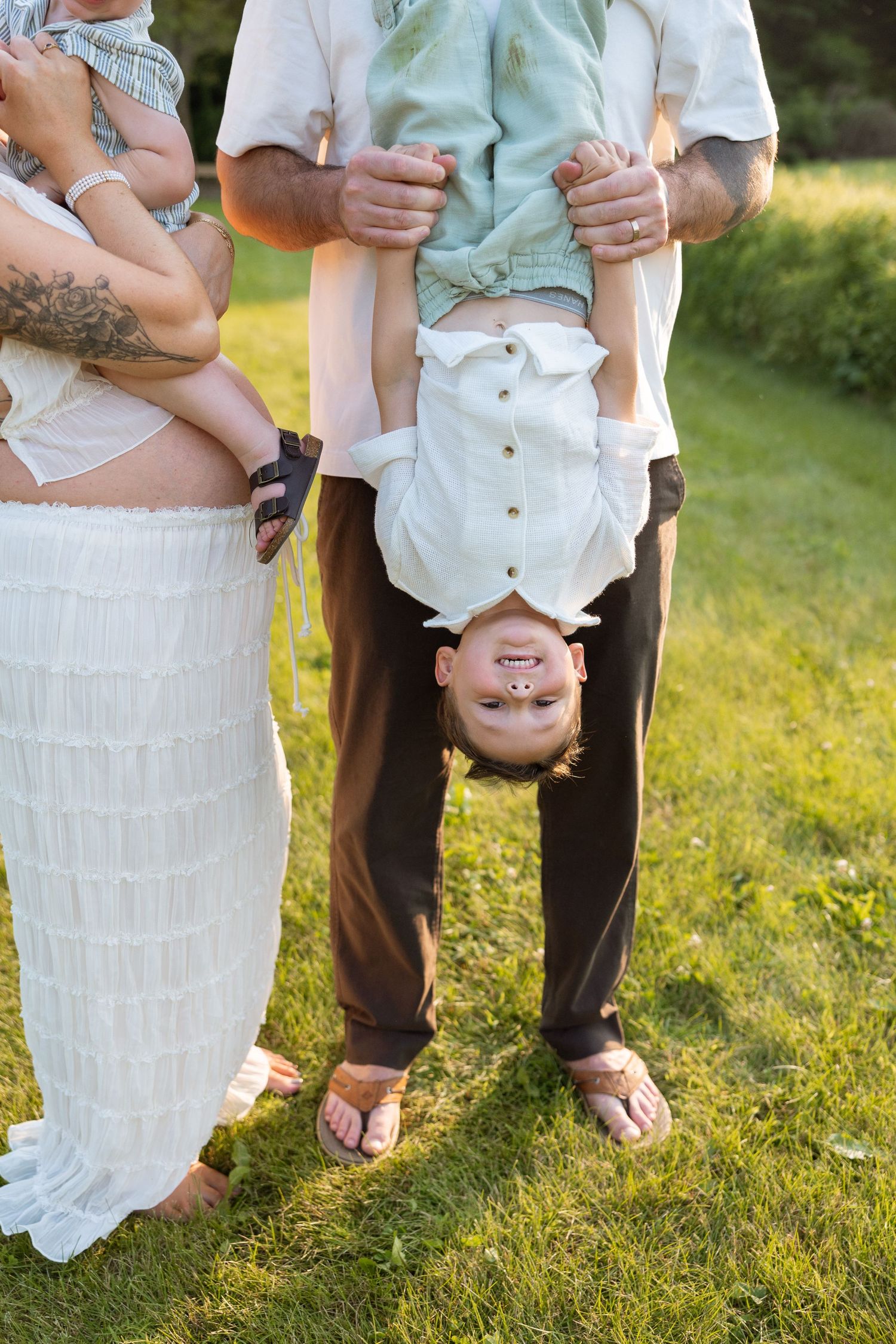 Cropped photo series showing legs of people wearing white and mint colored clothing standing on grass in sunlight.