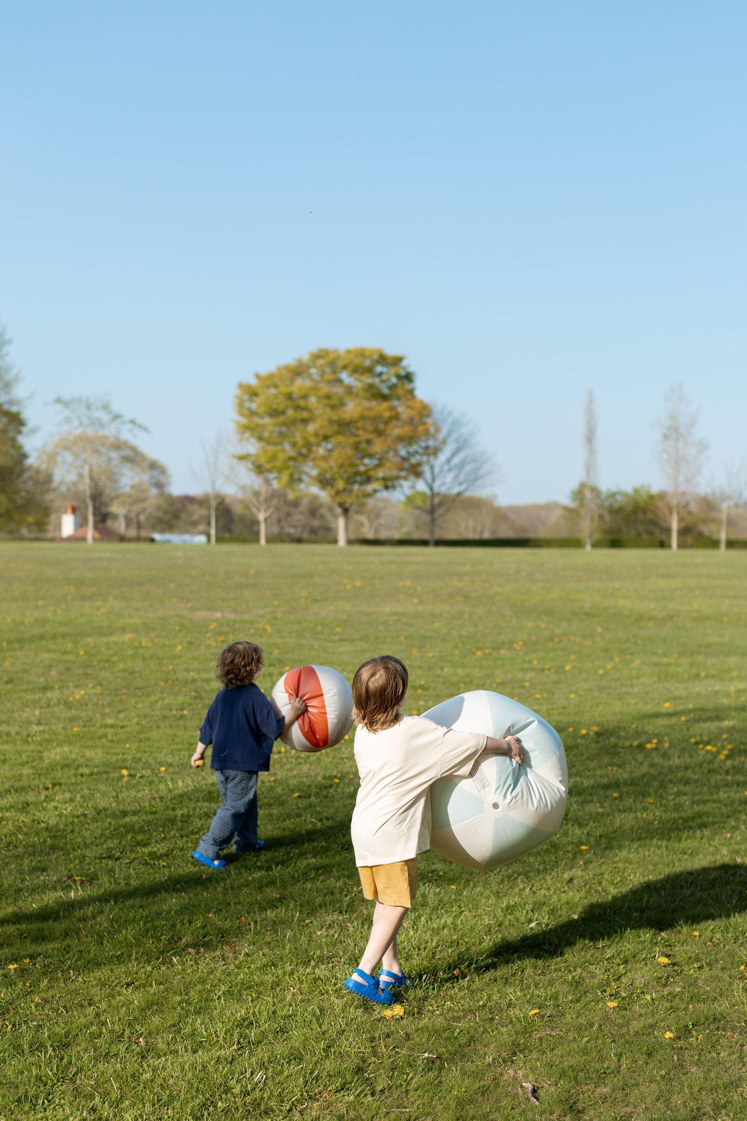 Kids playing and running with large inflatable balls in a grassy outdoor area.