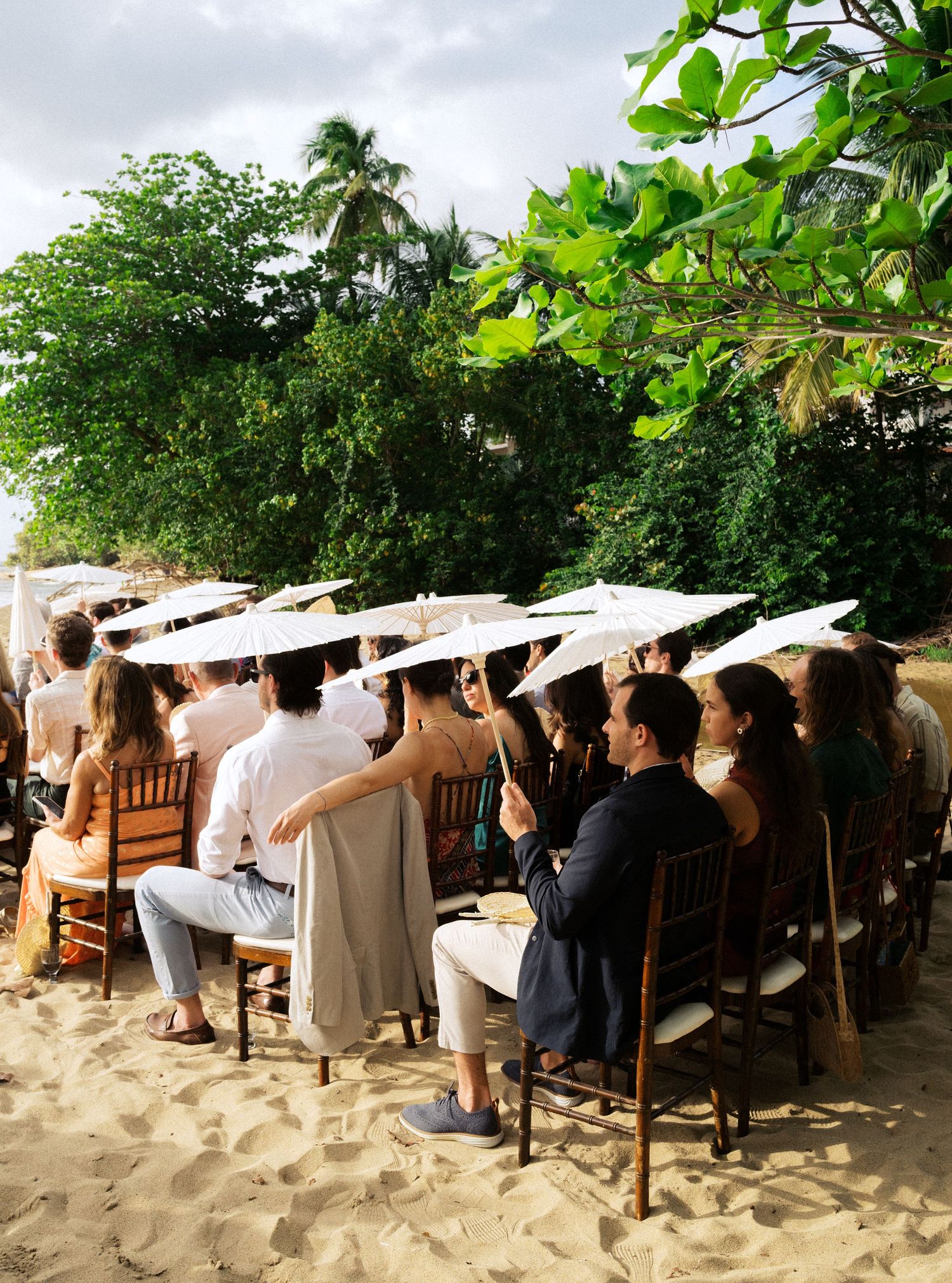 A group of people stand in a line holding umbrellas on a sandy beach beneath palm trees and tropical foliage.
