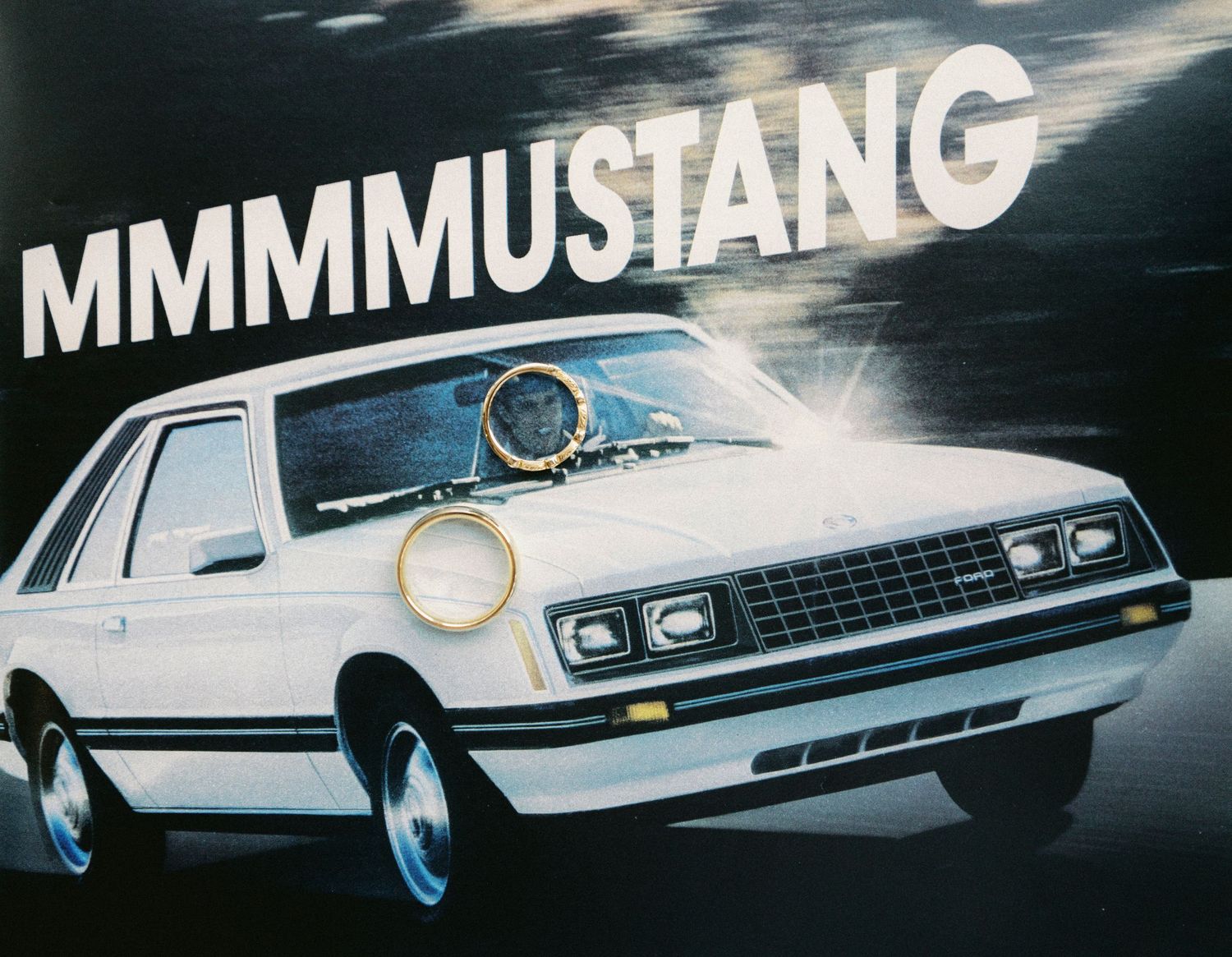 Classic Ford Mustang cars shown in a dramatic black and white montage with dramatic lighting effects.