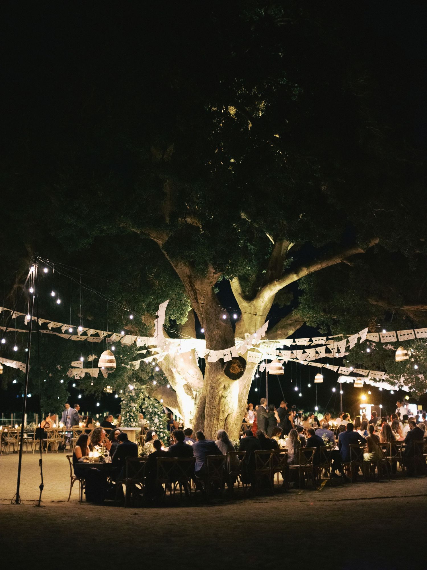 String lights illuminate a nighttime outdoor dining area under large oak trees creating a magical ambiance.