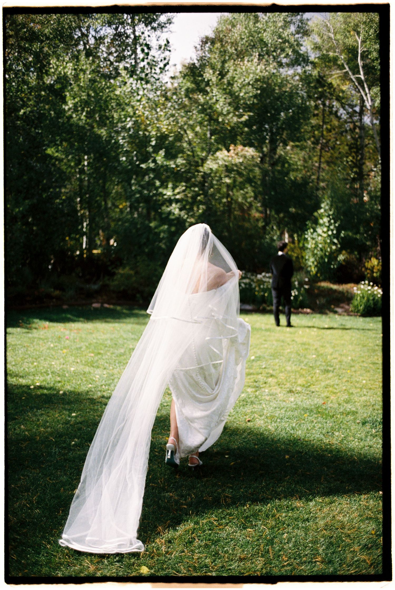 Series of flowing white wedding veil photos captured in a sunny garden setting.