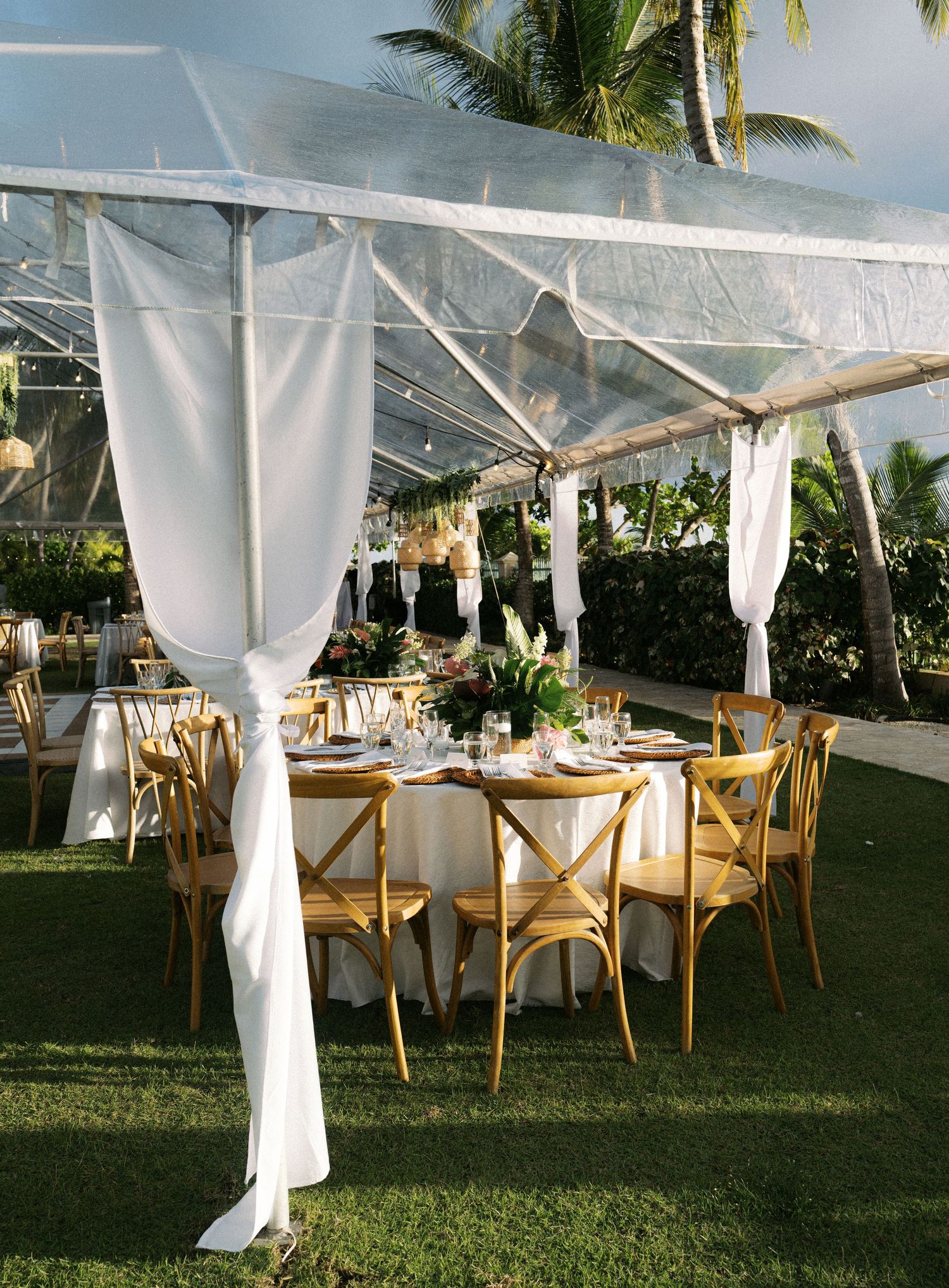 Elegant outdoor wedding reception setup with clear tent, white drapes, wooden cross-back chairs and palm trees in background.