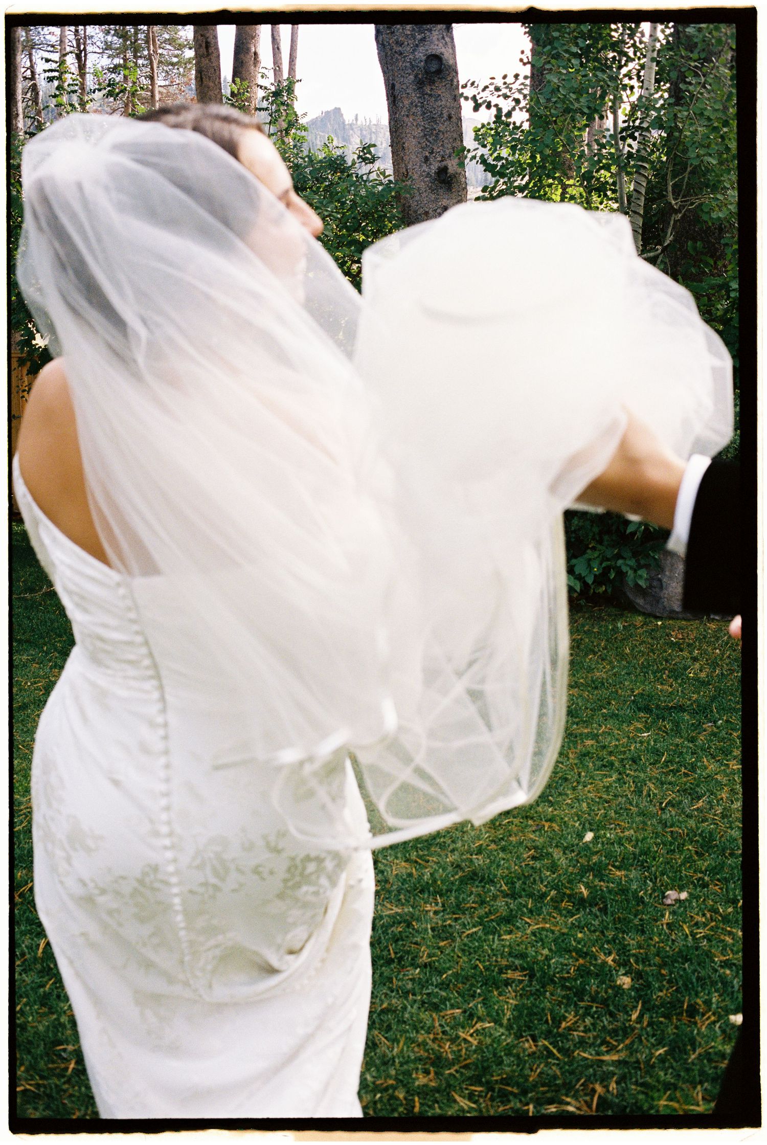 Artistic sequence showing a white wedding dress and veil flowing in the breeze against a green garden backdrop.