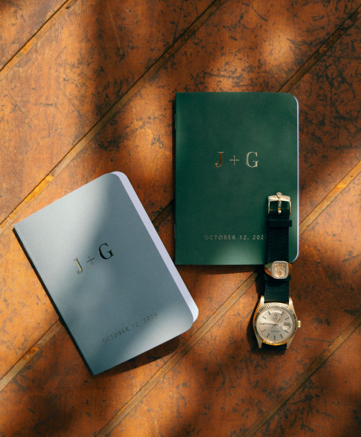 Green leather card holder and silver ring displayed on textured brown wooden surface in product photography sequence.
