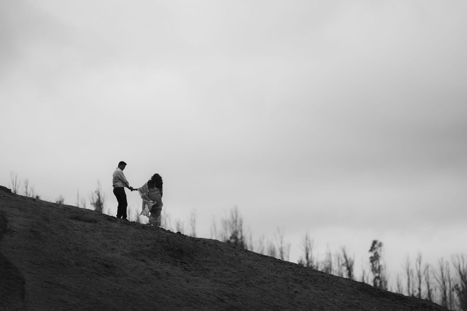 Black and white landscape photo showing silhouettes on a hillside during an overcast day.