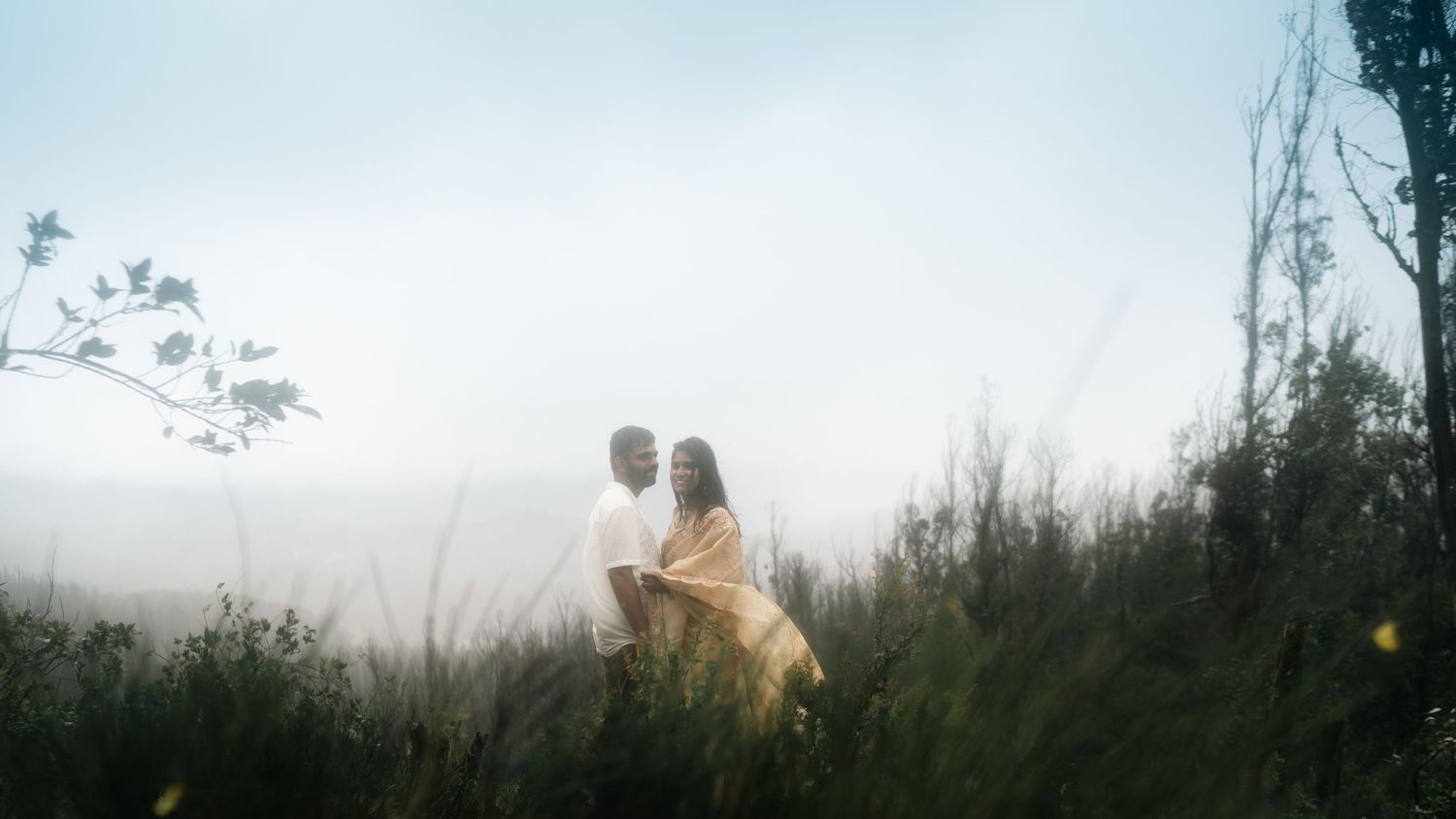 Panoramic nature scene with silhouettes against foggy mountain landscape.