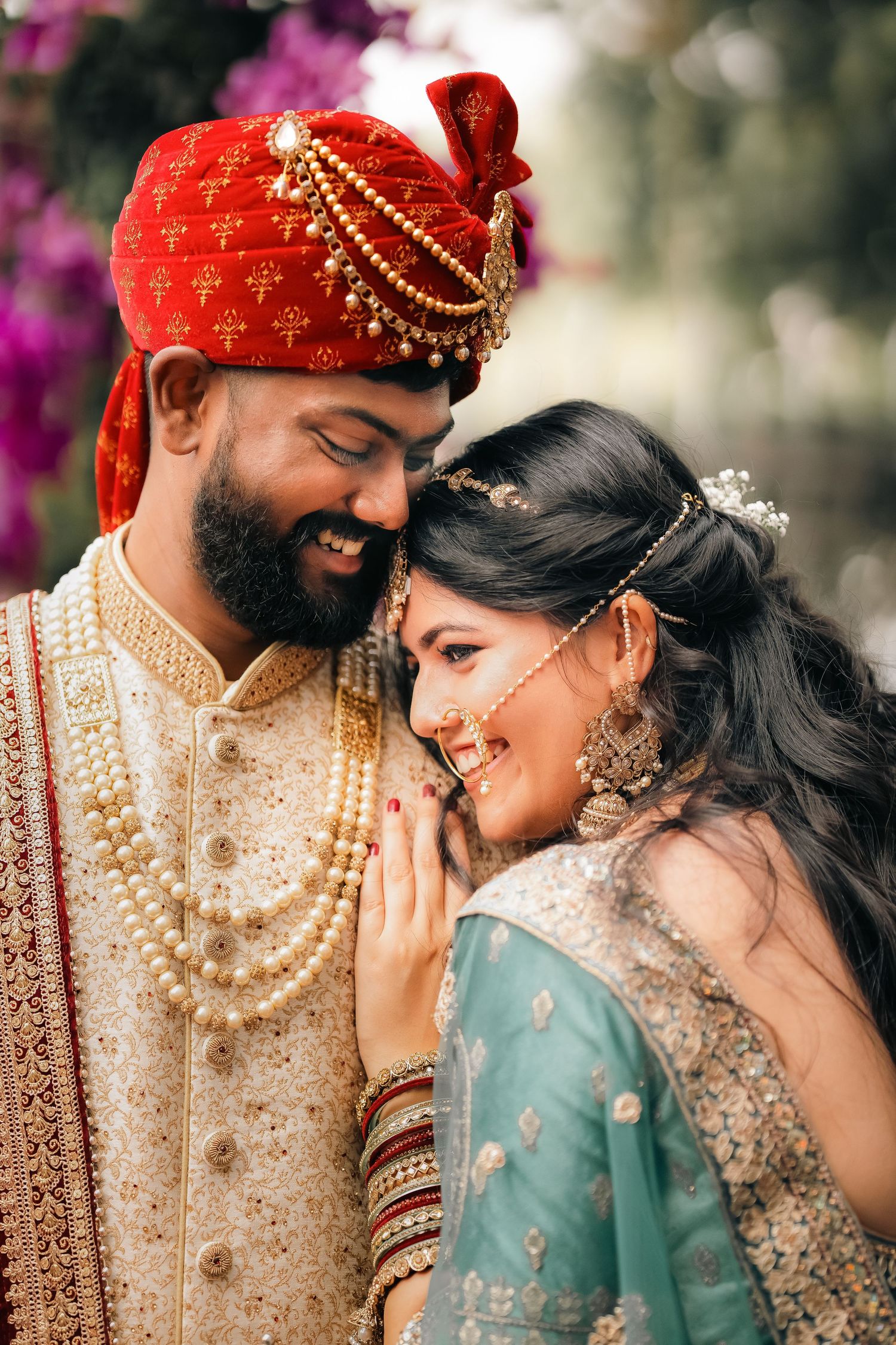 Close-up shots of traditional Indian wedding attire with detailed embellishments and jewelry.