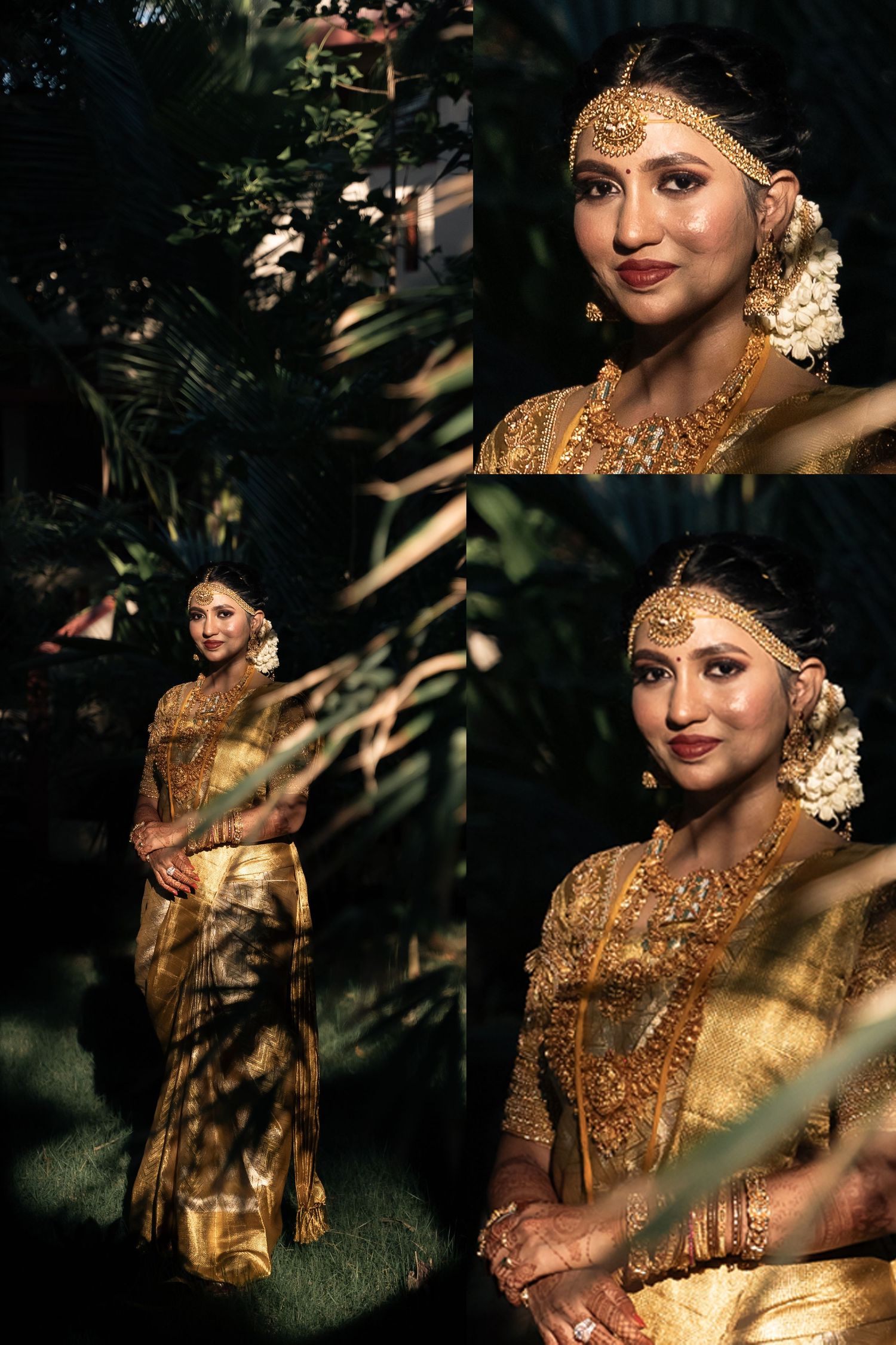 Traditional Indian bride wearing golden saree and ornate jewelry poses elegantly in dramatic lighting through foliage.