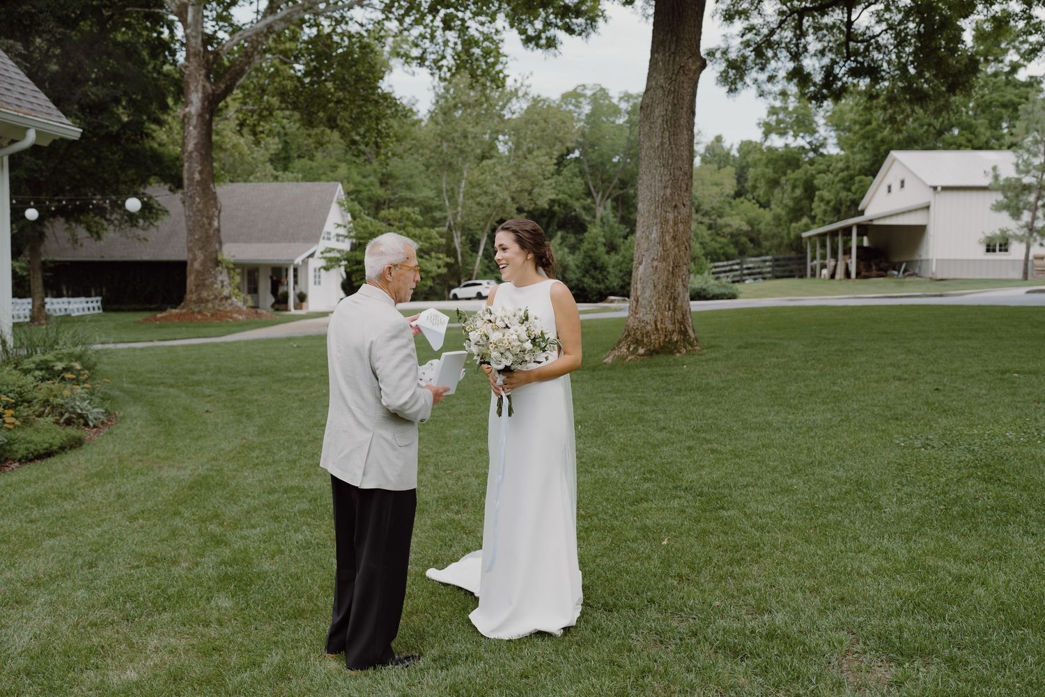 A series of wedding photos showing tender interactions on a grassy lawn with trees in the background.