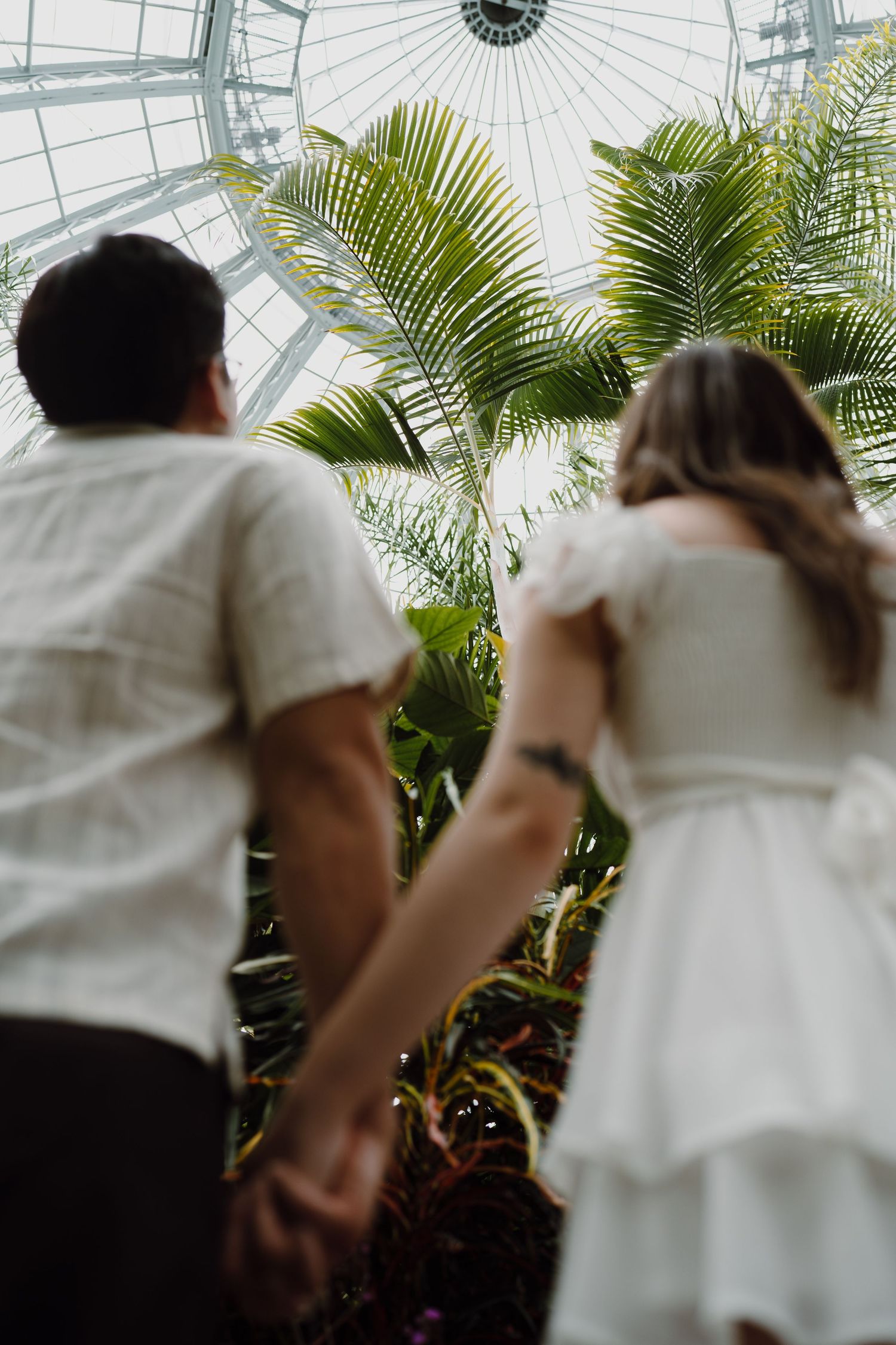 A couple stands beneath a glass dome ceiling surrounded by tropical plants.