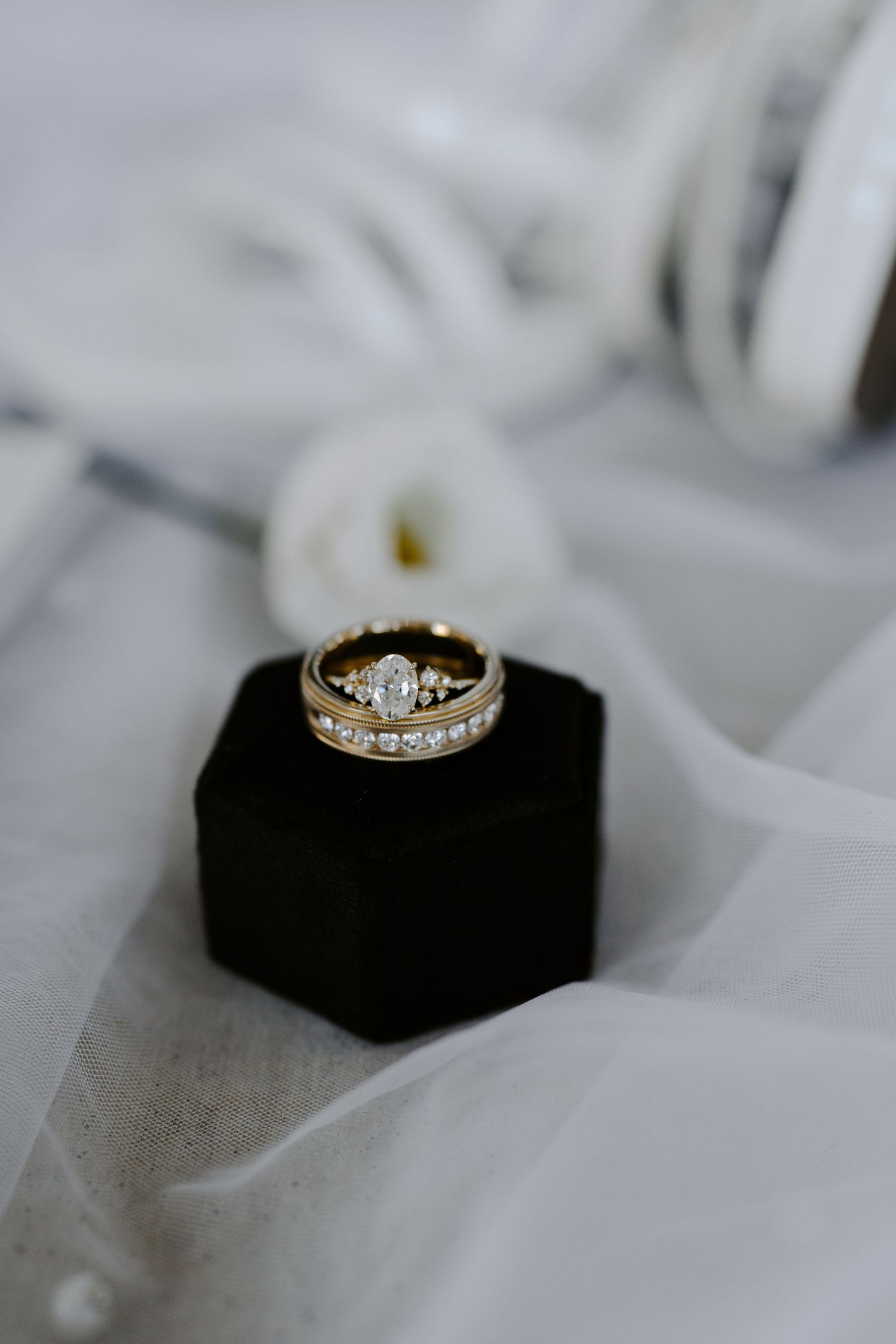 Close-up of diamond wedding rings displayed on black velvet cushion.