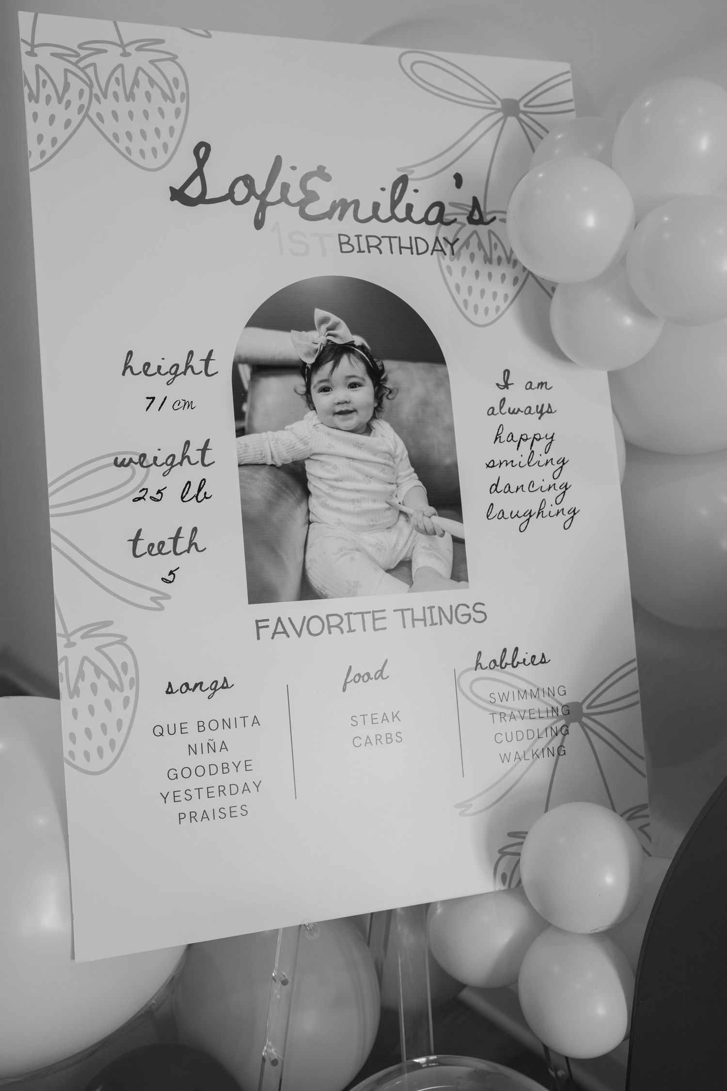 Birthday celebration display board with handwritten notes and decorative strawberry illustrations.