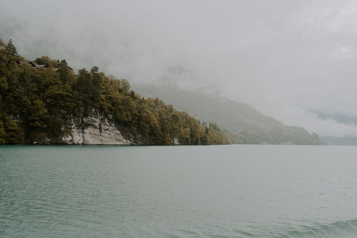 Misty mountain lake landscape with rocky shoreline and evergreen trees.