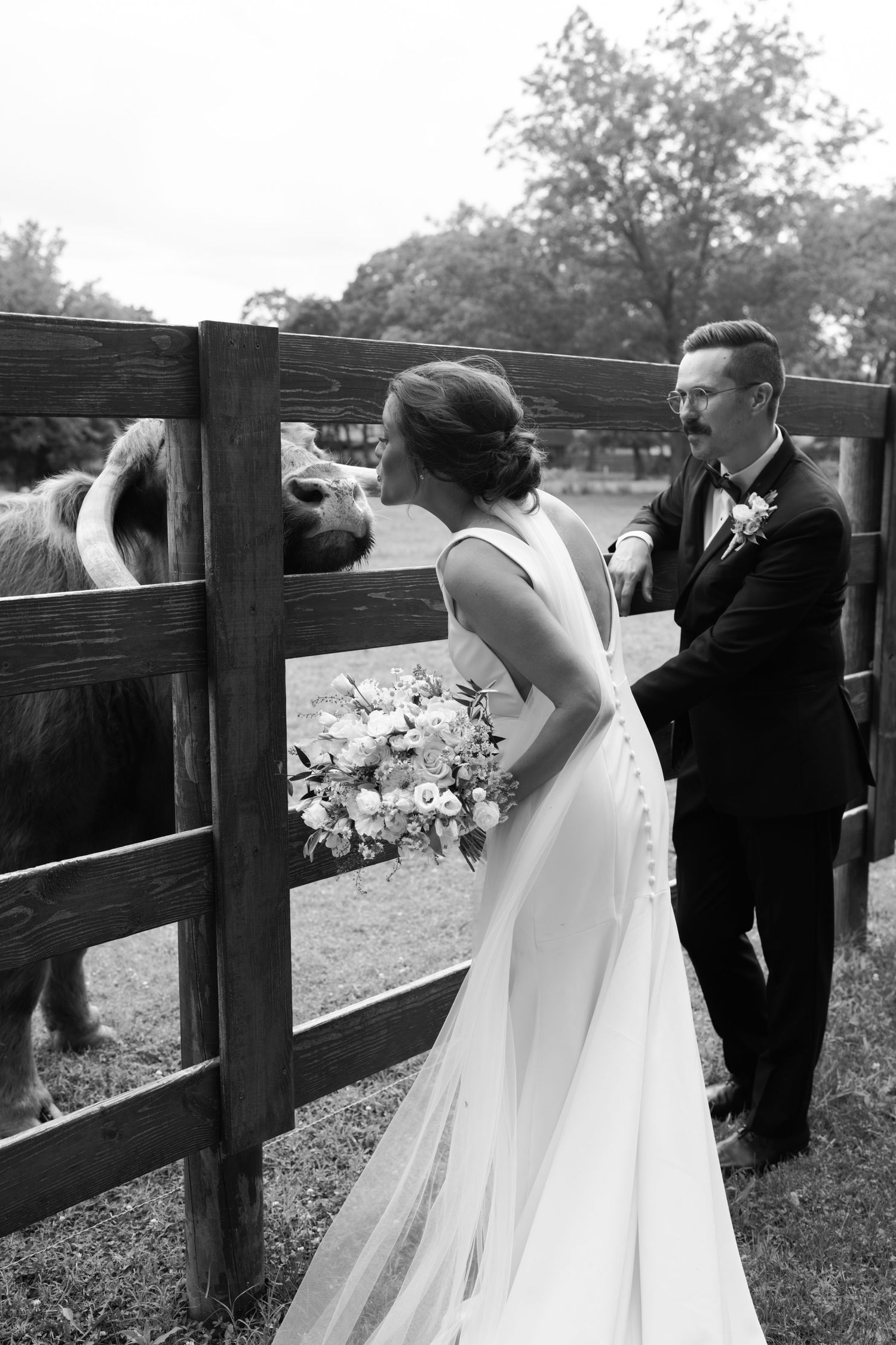 A romantic wedding photo sequence showing a couple sharing intimate moments by a rustic wooden fence.