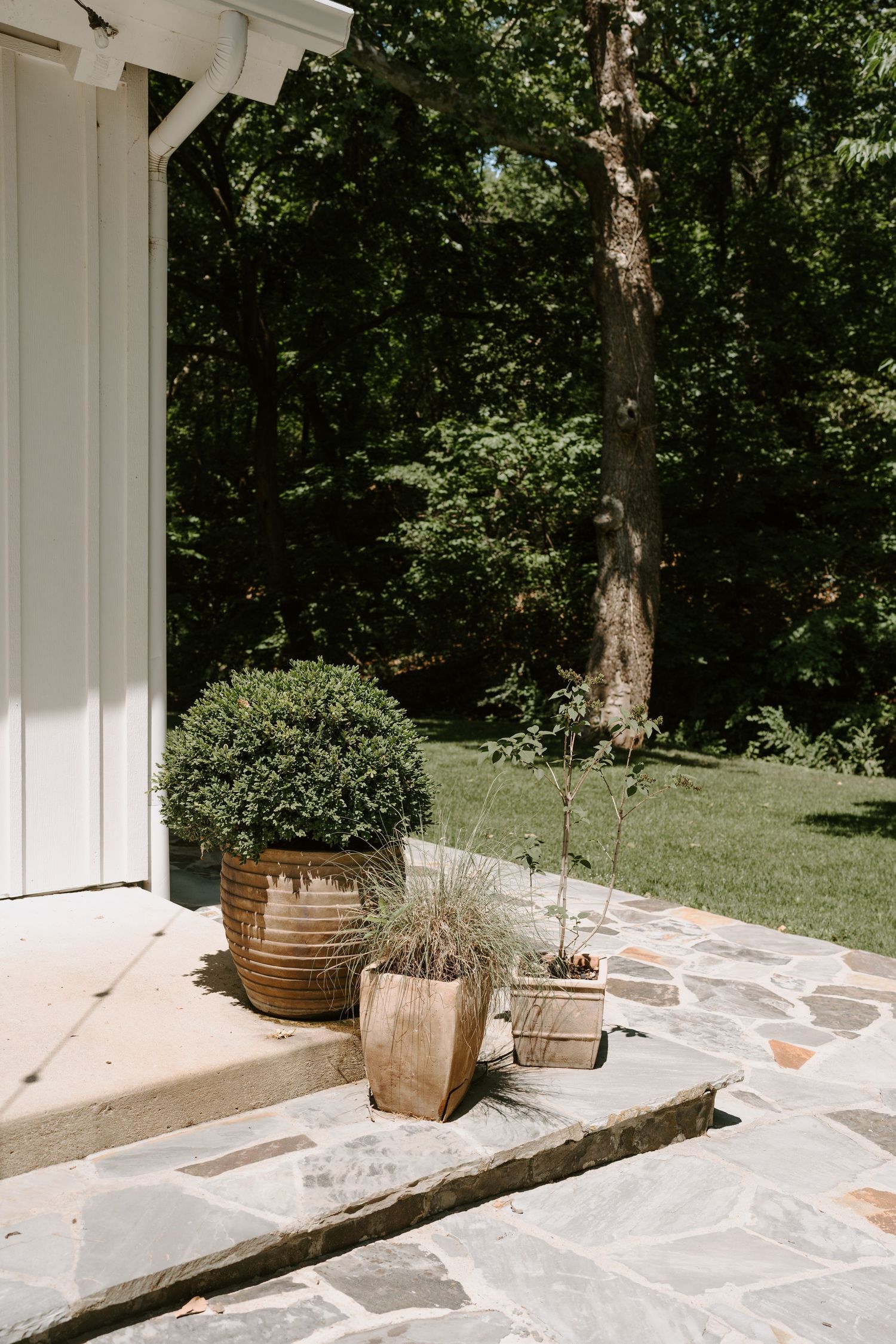 Stone patio entrance with potted plants and rustic decor elements.
