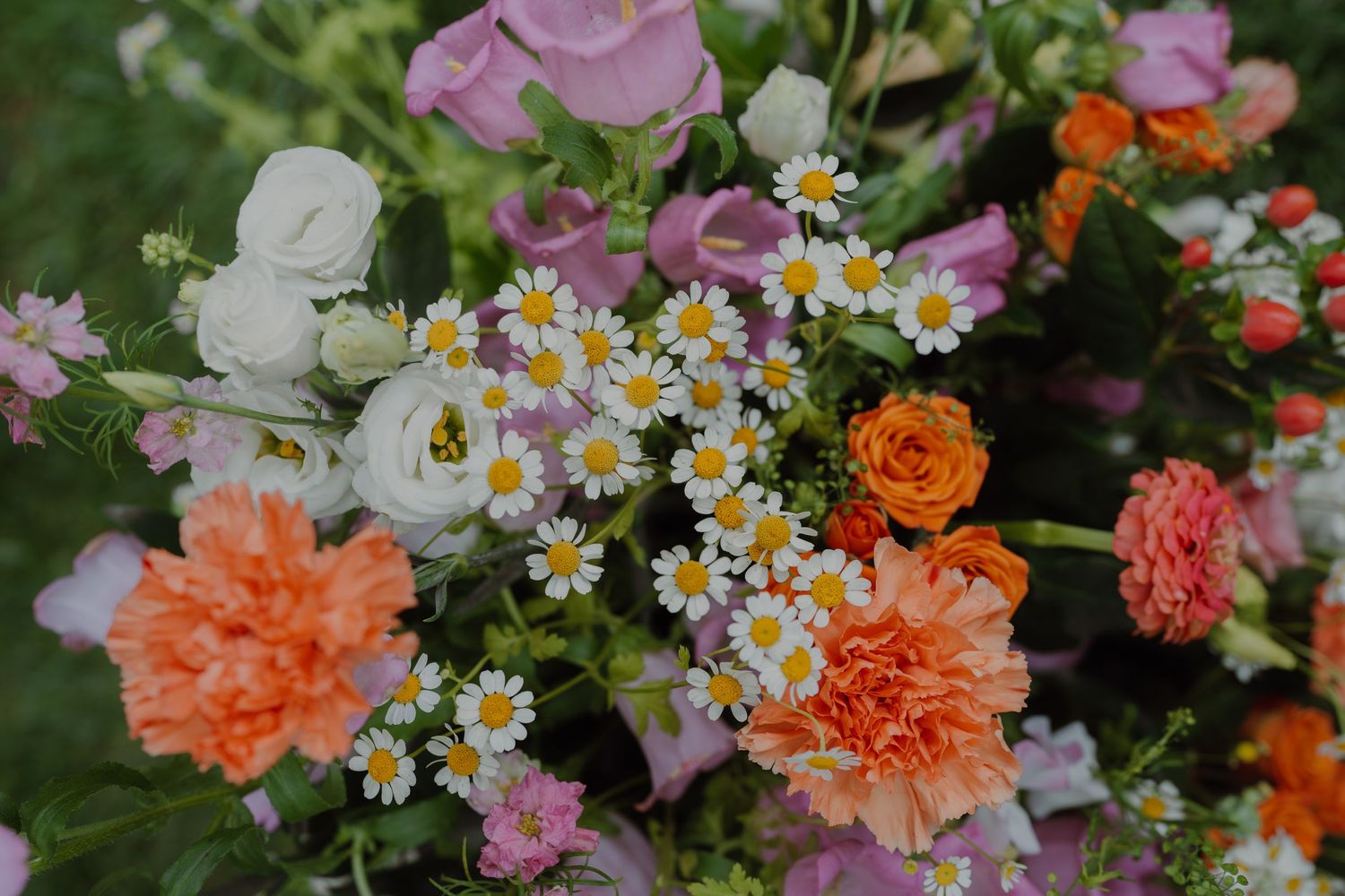 Beautiful mix of coral, pink, and white flowers arranged in a natural garden style.