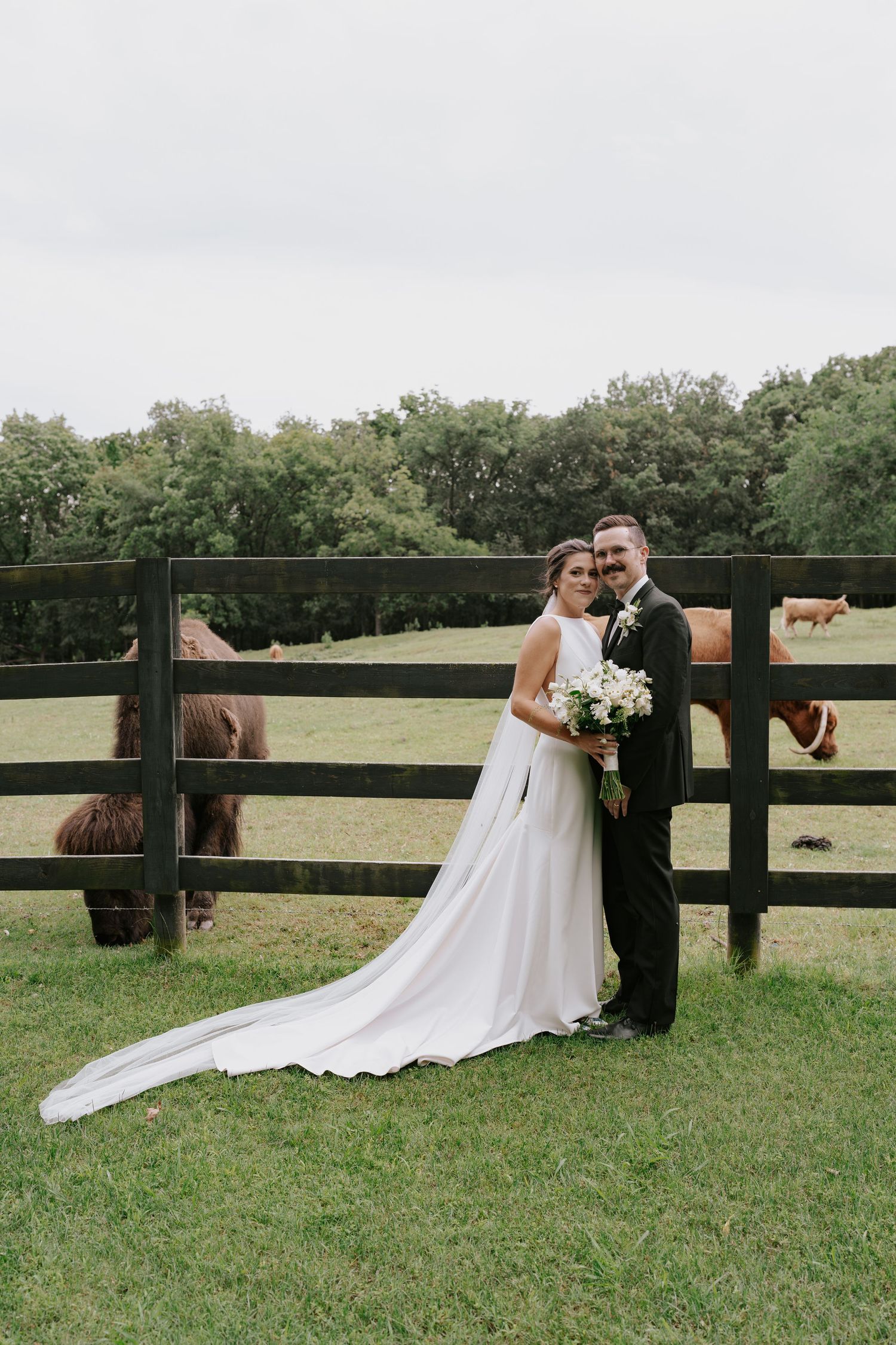 Newlyweds share tender moments along a wooden fence with horses grazing in the background.