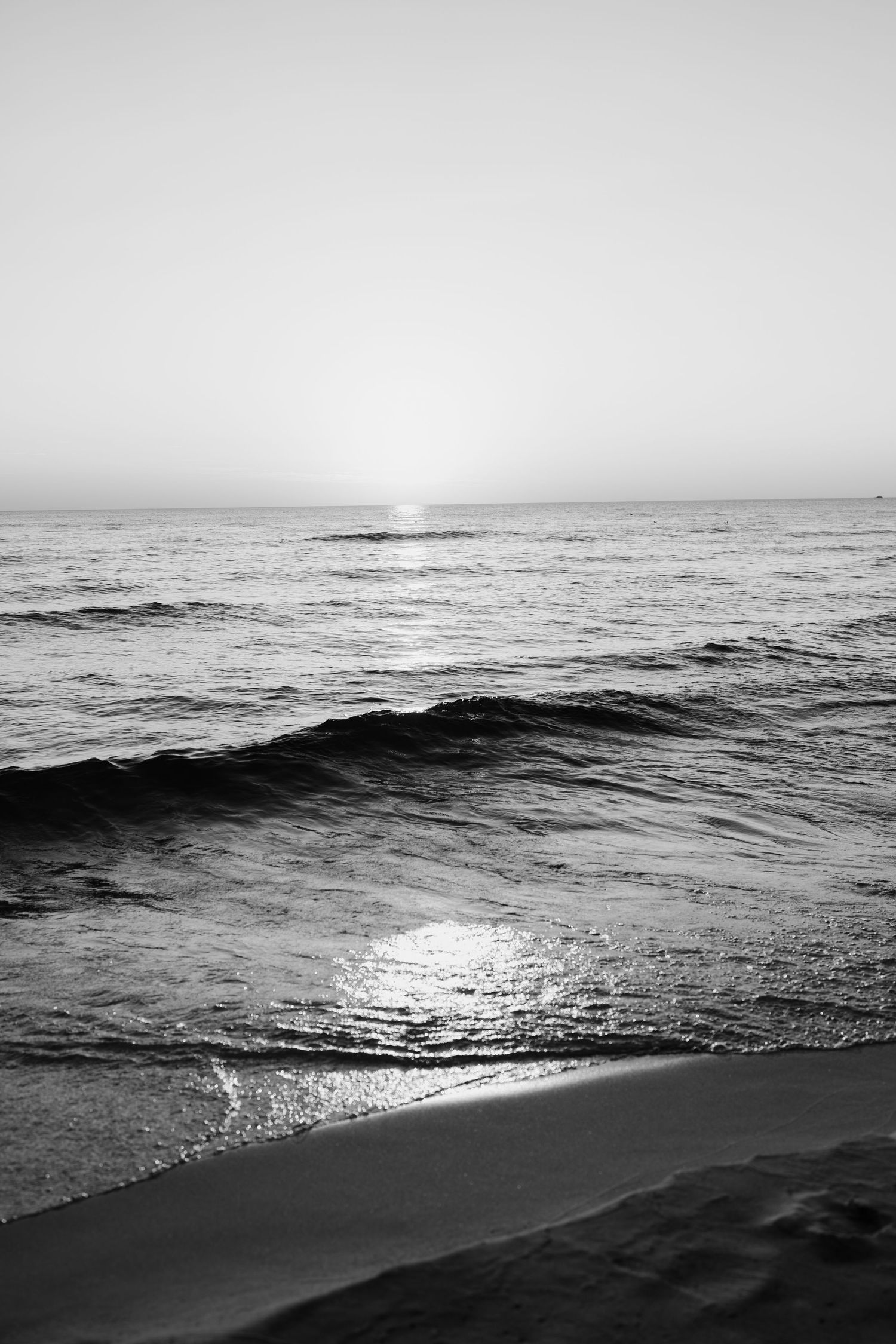 Black and white seascape with waves rolling onto shore at sunset.