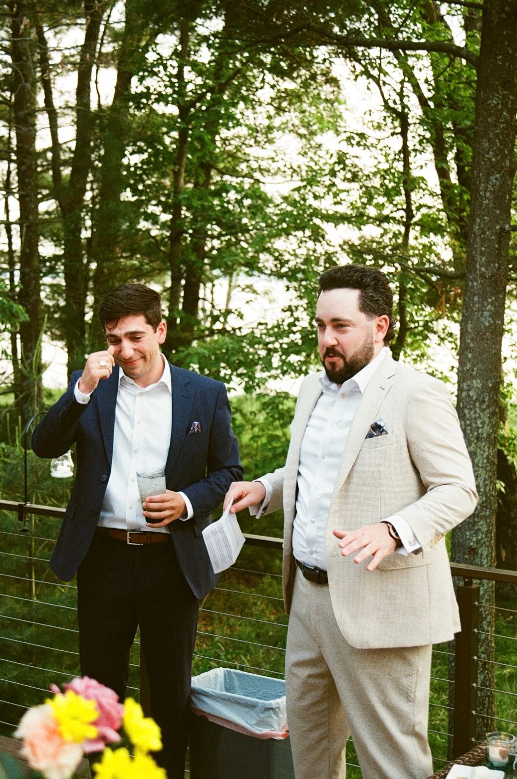 Speeches at backyard wedding, brothers of the bride getting emotional while giving their speeches, film photography, Emily Earll Photos