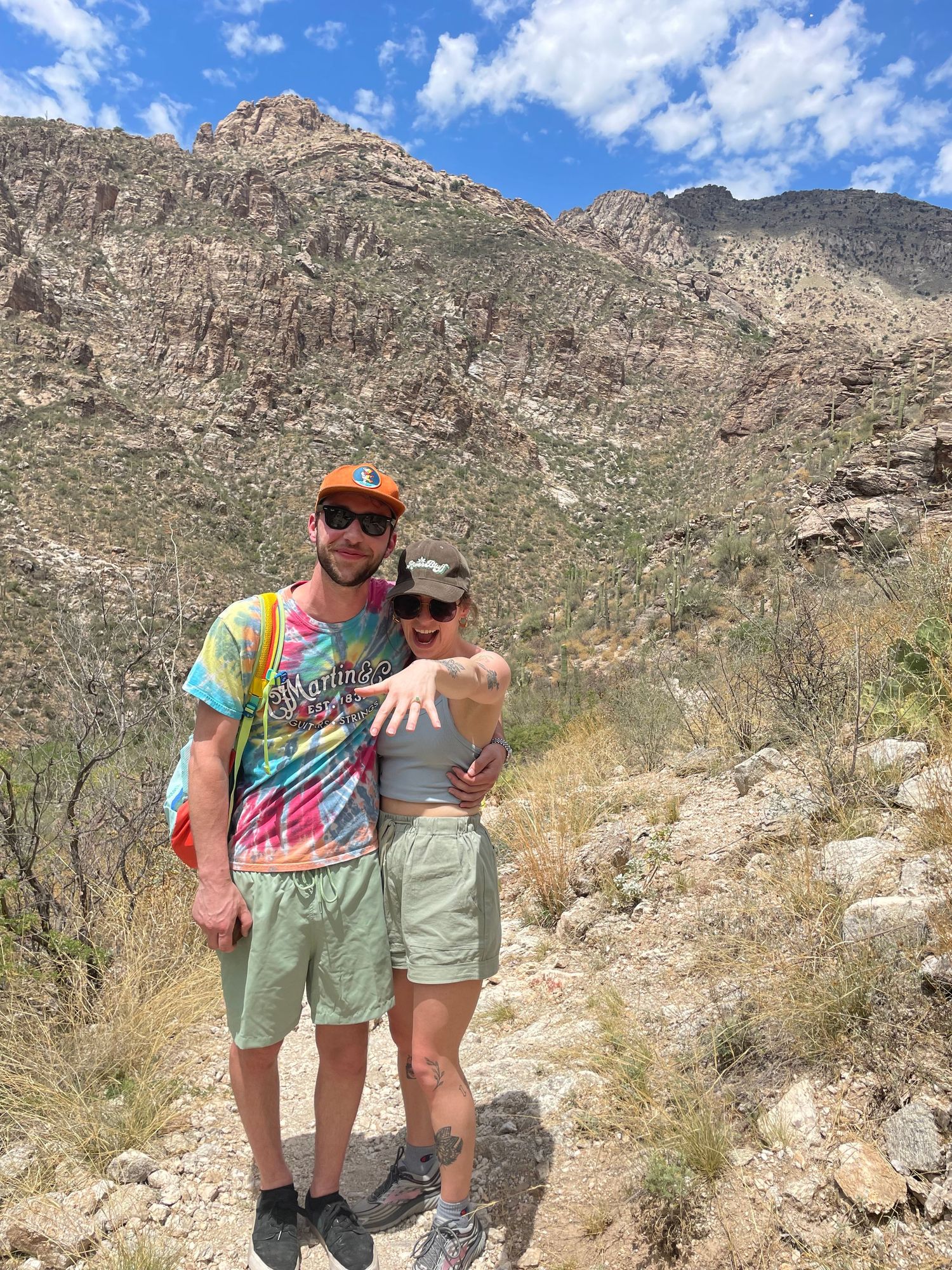 Emily and Noah's Wedding proposal in Sabino National Forest in Tucson, Arizona with an Emerald engagement ring