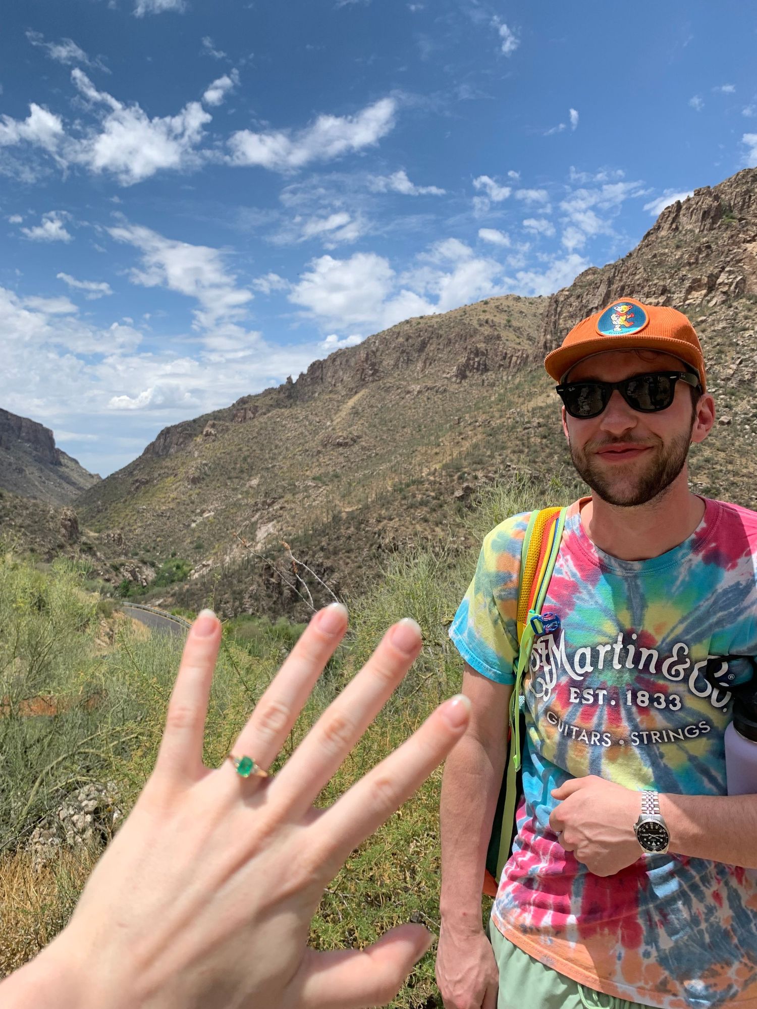 Emily and Noah's Wedding proposal in Sabino National Forest in Tucson, Arizona with an Emerald engagement ring