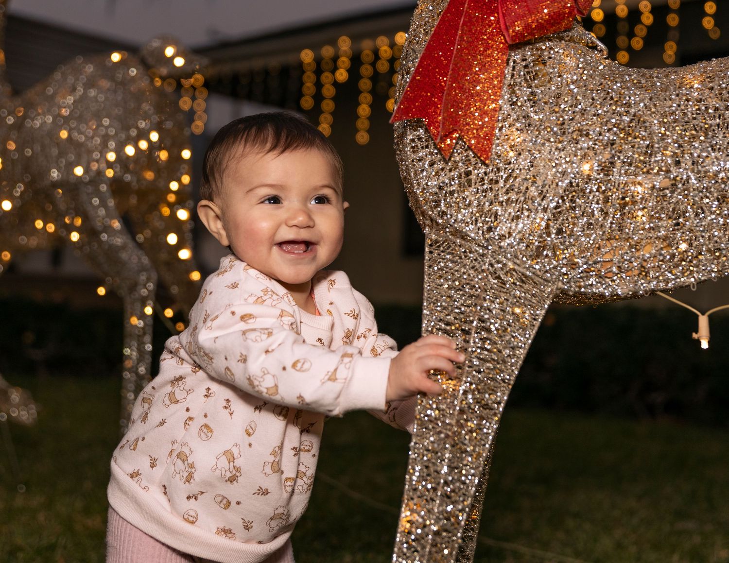 Festive outdoor Christmas scene with sparkly reindeer decorations and string lights.